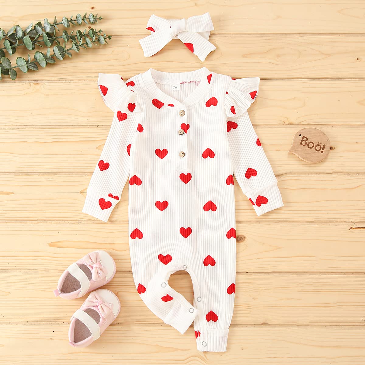 Guodeunh My First Valentines Baby Girl Romper Newborn Long Sleeve Heart Print Knitted Button Down Jumpsuit Headband (Beige, 3-6 Months)
