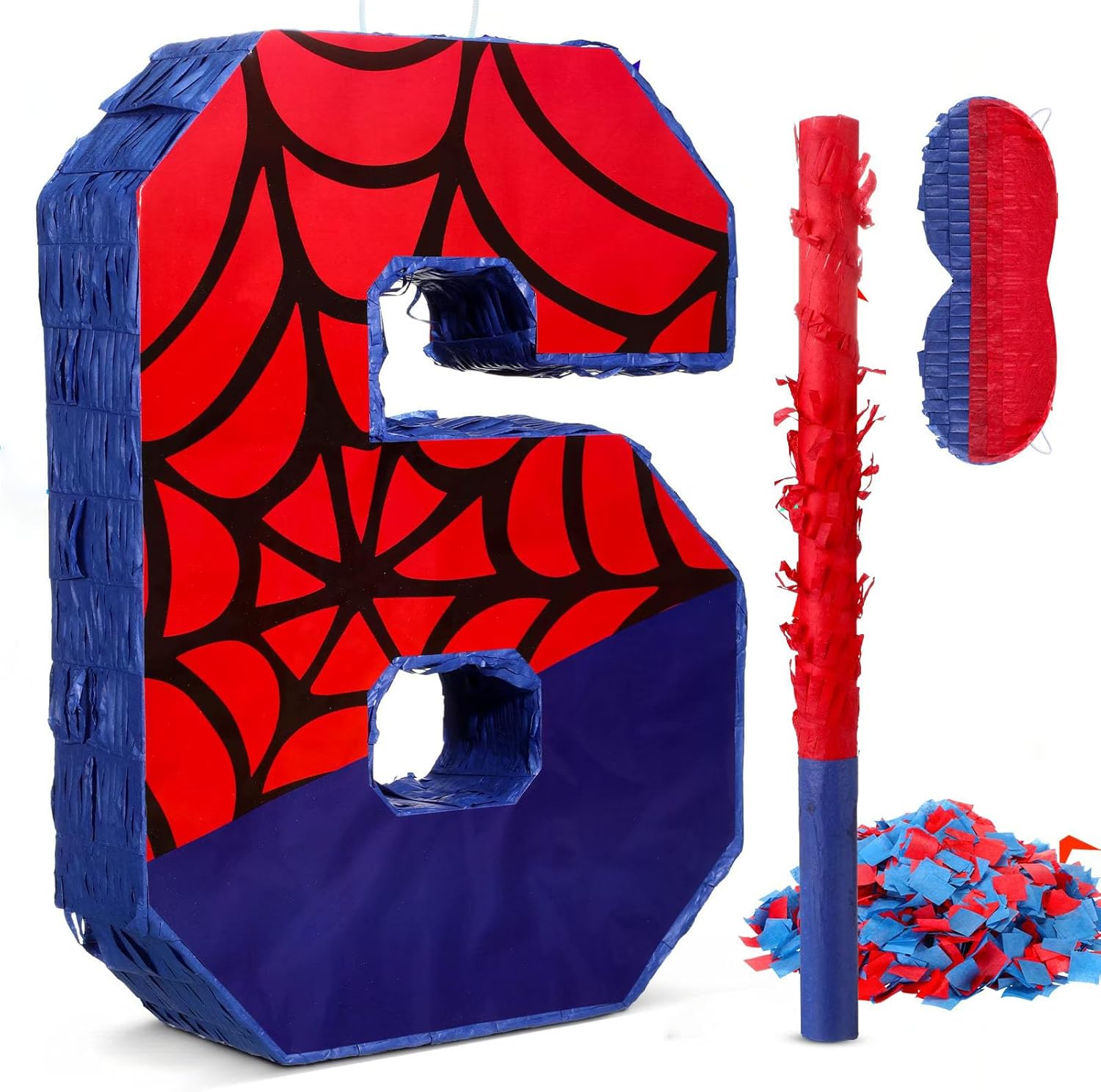 Number 6 Pinata for 6th Birthday Party Decorations, Perfect for 6th Birthday Party Supplies, Fiesta, Anniversary Celebration, Birthday Pinata with Stick Blindfold Confetti Large 16 x 11.8 x 3.2 Inches