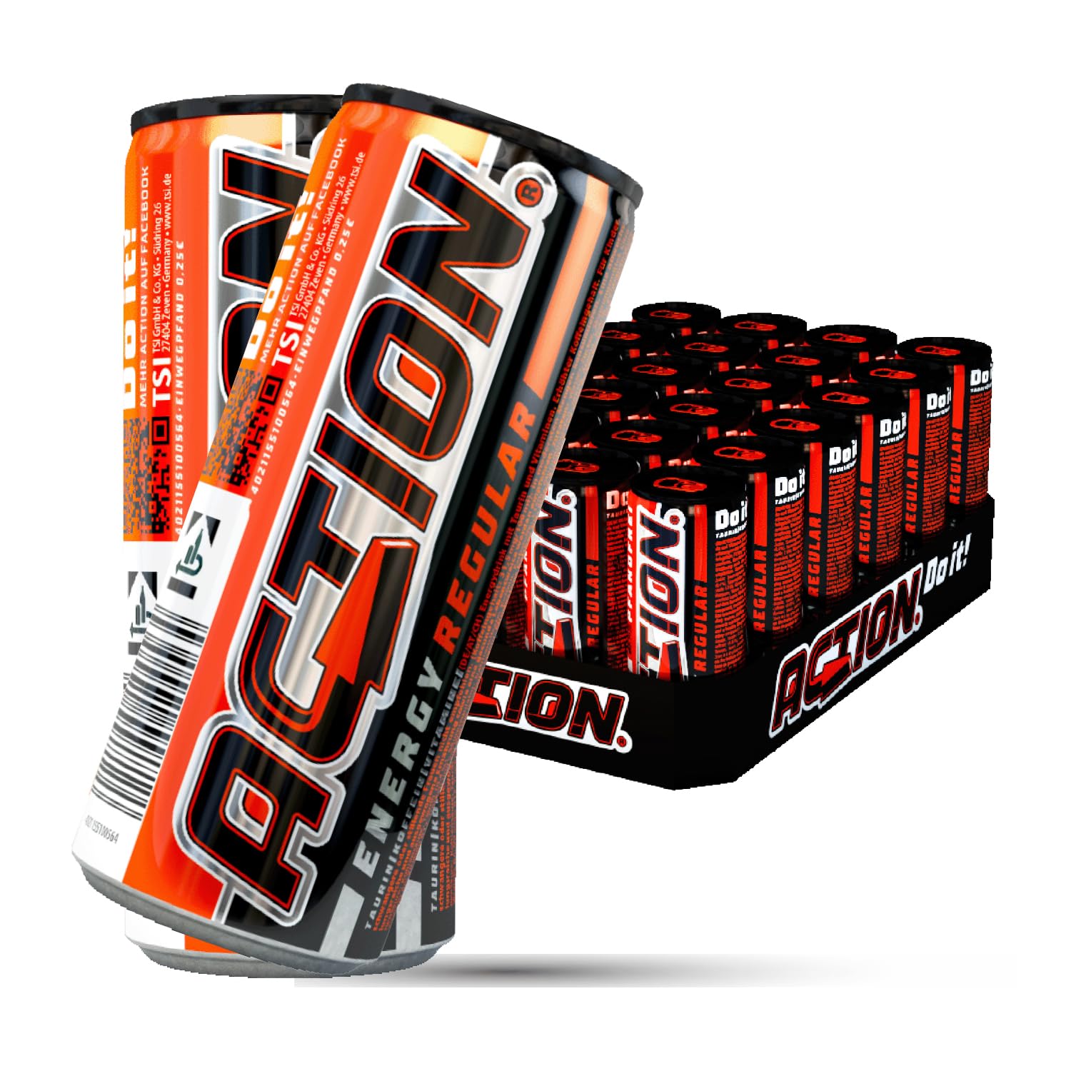 Action Energy Drink Regular (48 x 500 ml) incluye depósito – Refresco con sabor a tutti-Frutti – patata energética con mayor contenido de cafeína – 48 latas de bebidas