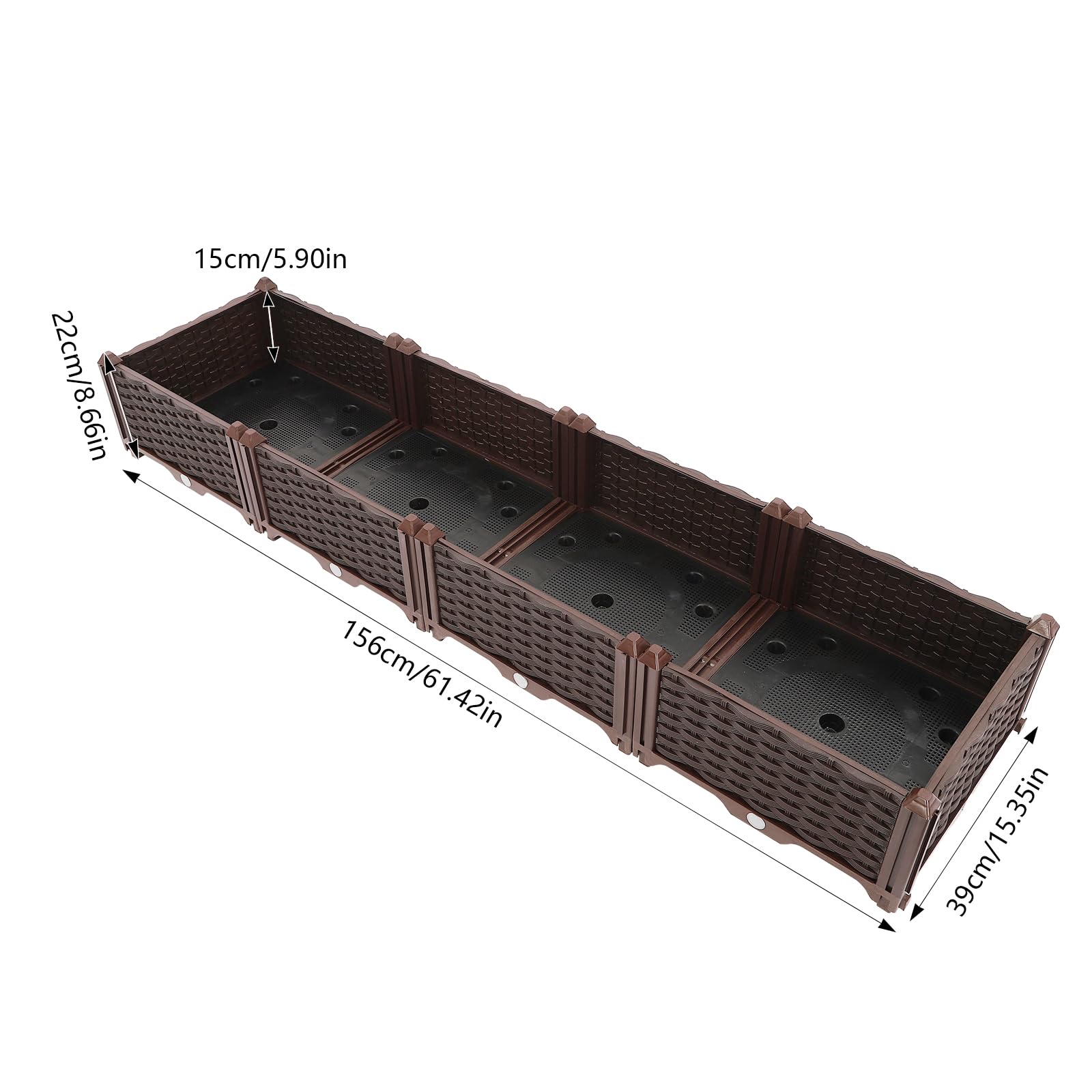 Jardinera de plástico, jardinera con 4 compartimentos de almacenamiento, maceta de 156 x 39 x 22 cm para balcones, jardines, terrazas, patios, etc., color marrón oscuro