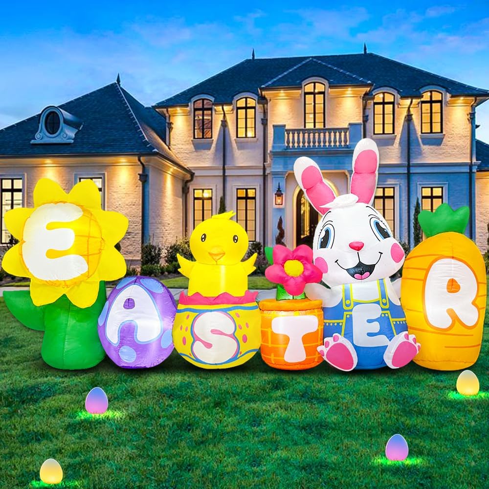 KOOY 8FT Long Easter Inflatable Bunny Outdoor Decorations with Egg Chick Carrot and Sunflower, Built-in LED Lights Easter Bunny Blow Up Yard Decoration for Lawn Garden Holiday Party - Image 4