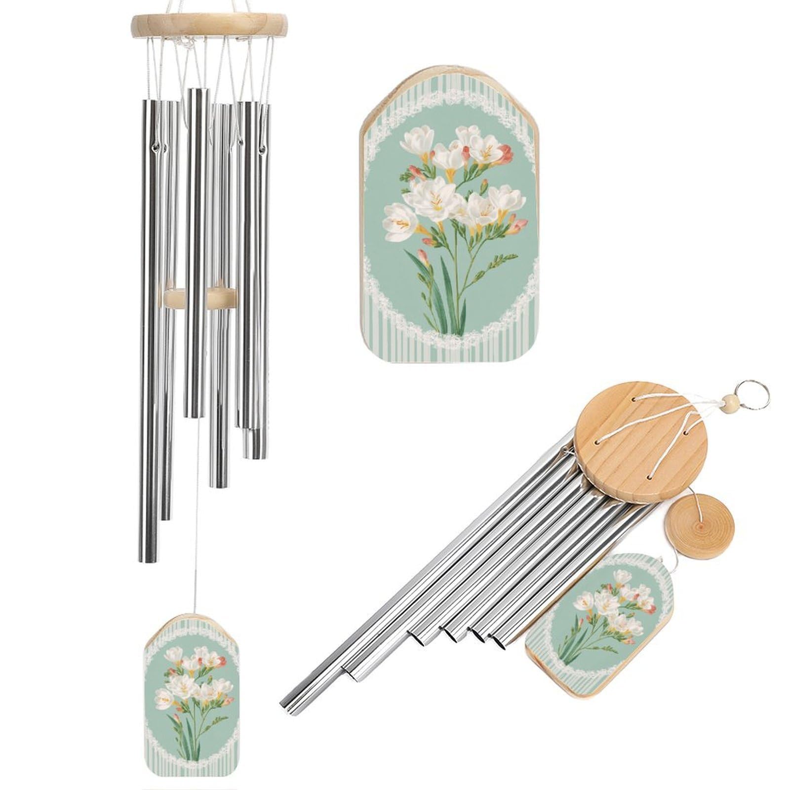 Pastel Mint And White Striped Flowers Wind Chimes Memorial Deep Tone Windchime with 6 Aluminum Tubes Outdoor Backyard Garden Decoration