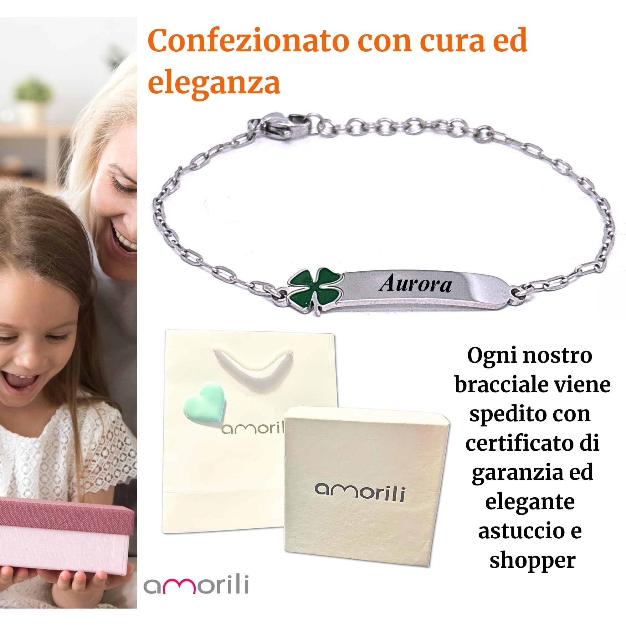 amorili Bracciale Bambina Personalizzato con Nome – Ciondolo Quadrifoglio in Acciaio Inox – Regalo Bimba, Comunione, Compleanno – Incisione Gratuita – Confezione Regalo bcc3110