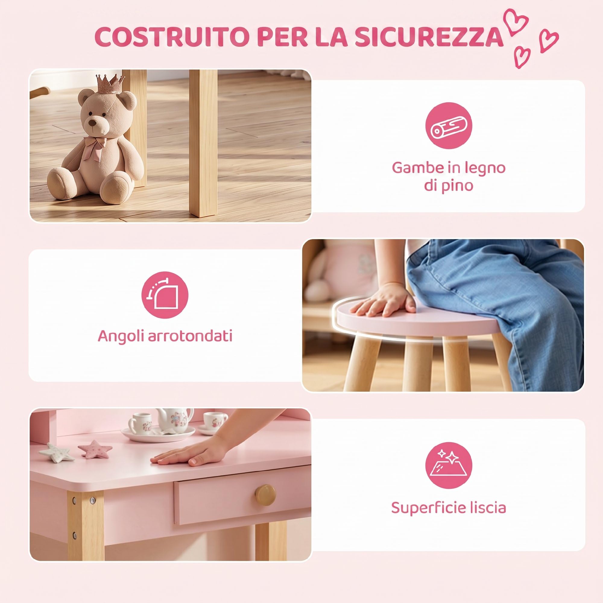 AIYAPLAY Set Toeletta Trucco Bambina 2 in 1 con Sgabello 3-6 Anni Rosa | Postazione Tavolo Trucco in Legno, Specchio in Acrilico, Cassetto, 2 Ripiani, Bordi Arrotondati