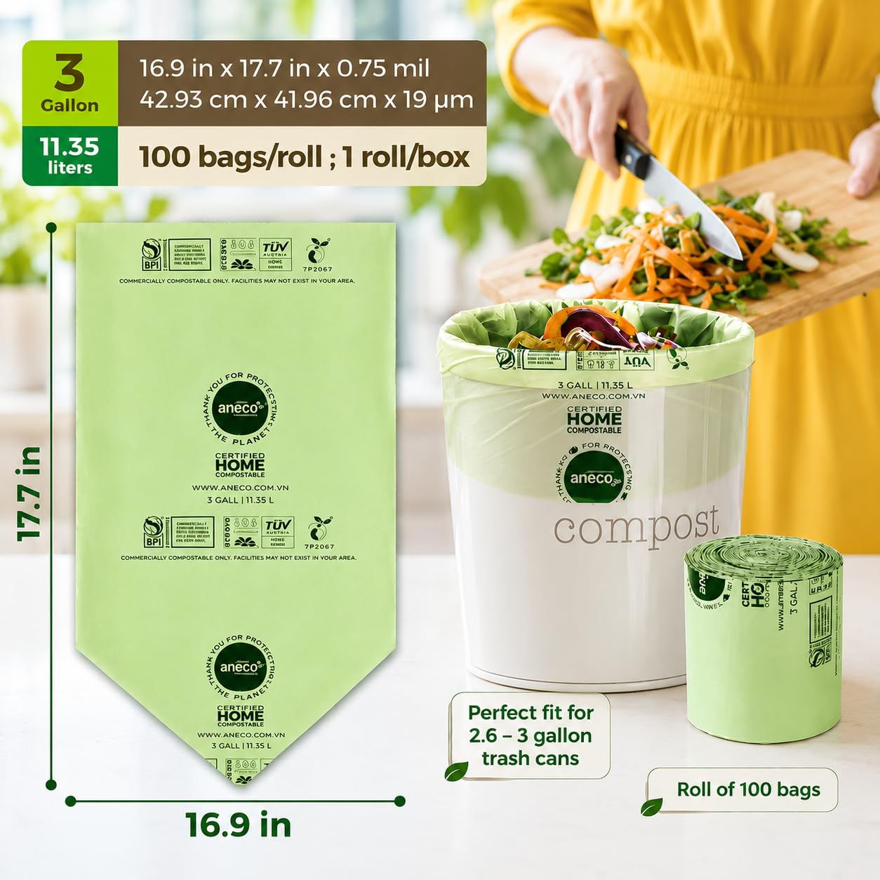 ANECO Bolsas de basura 100% compostables, 3 galones, 100 unidades, biodegradables, extra gruesas, 0,75 mils, bien compost, para casa, certificado BPI y TUV