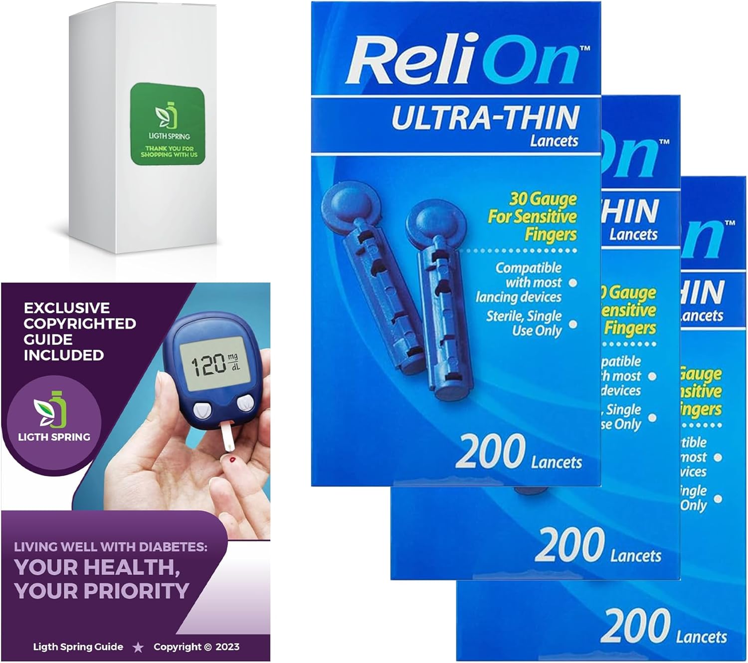 ReliOn Ultra-Thin Lancets, 30-Gauge, for Sensitive Fingers, 200 Ct (3 Pack) Bundle with Exclusive Living Well with Diabetes: Your Health, Your Priority - Better Light&Spring Guide (4 Items)