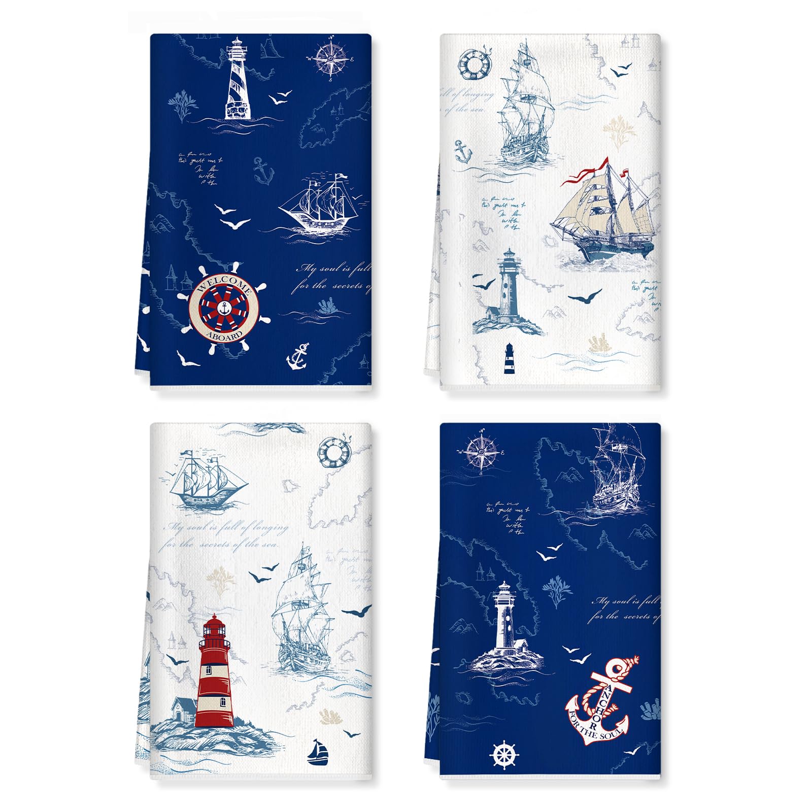 Arquiel Nautical Kitchen Towels Soft Thick Cotton Blend Lighthouse Hand Towels, 42 x 70 cm Absorbent Dish Cloth for Kitchen Home Decor, Housewarming, Birthday Gifts for Nautical Lover, Set of 4