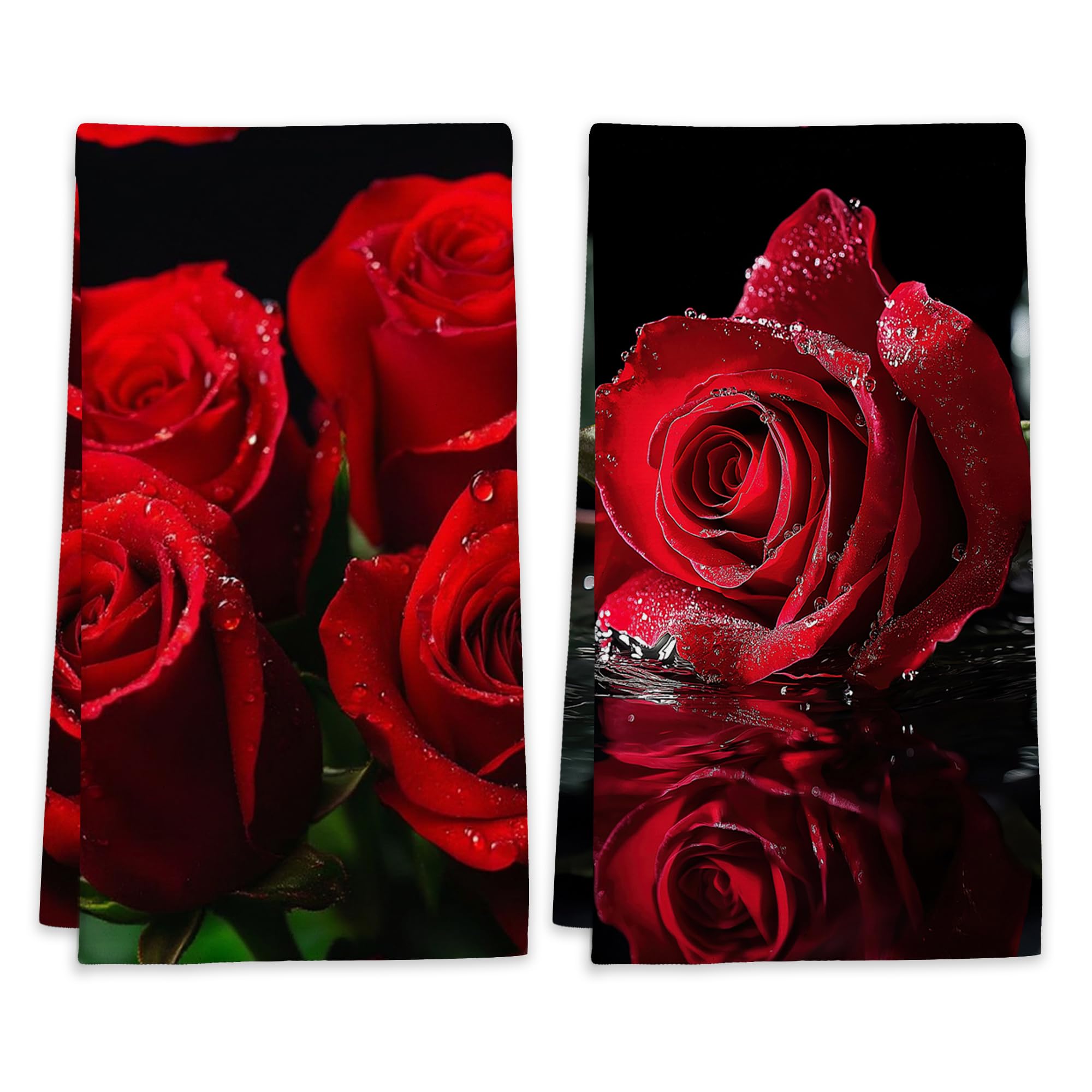 LUOENY 2 Pcs Red Rose Tea Towels Set Absorbent Quick Dish Cloths Hand Towels Reusable Bar Hand Dishcloths Decor for Bathroom Kitchen Home Supplies, 45x60 cm โ image 1