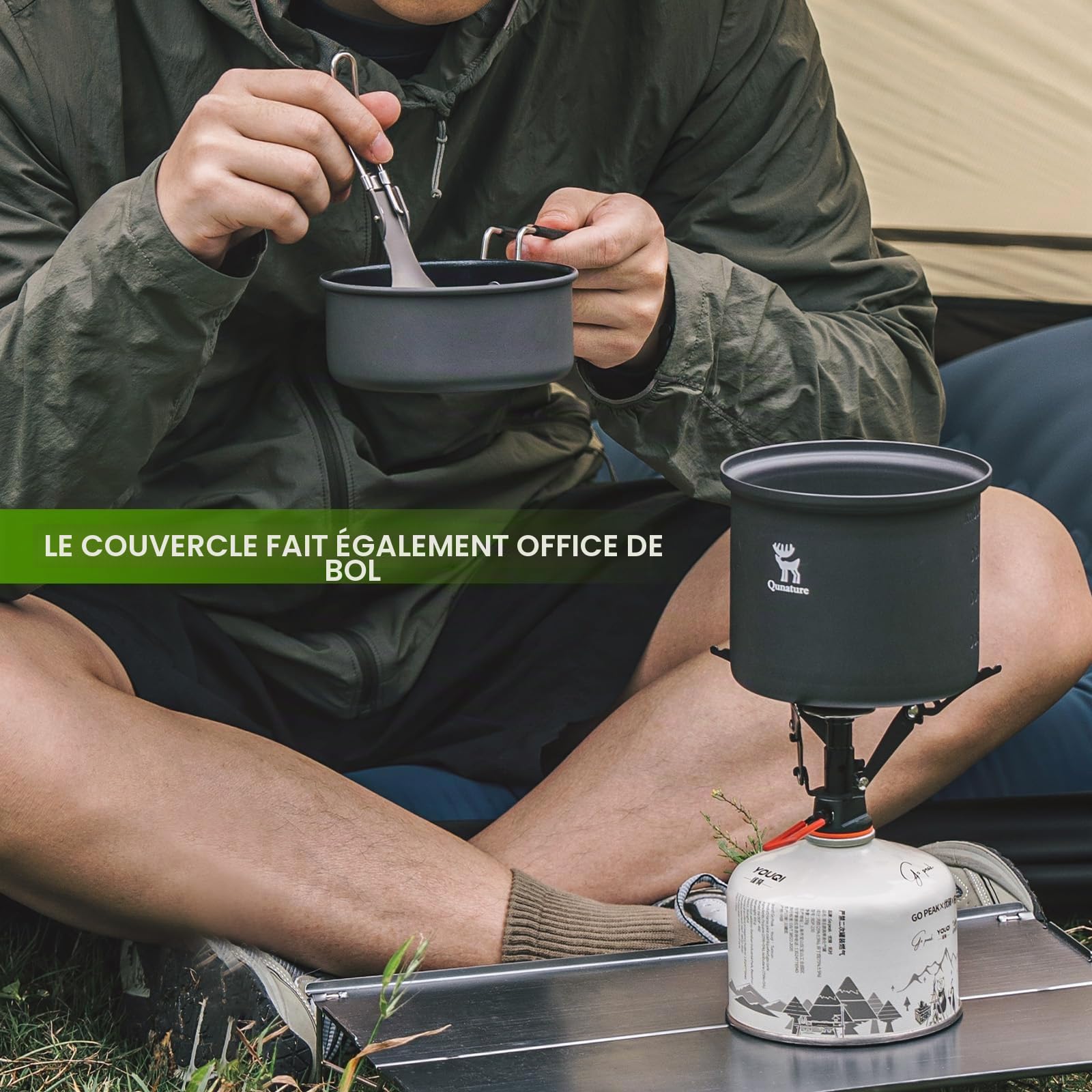 Réchaud Camping avec Casserole 1,1L | Set Cuisine Léger et Compact avec Poignée Repliable pour Cuisson Portable en Randonnée, Bivouac, Trekking et Bushcraft
