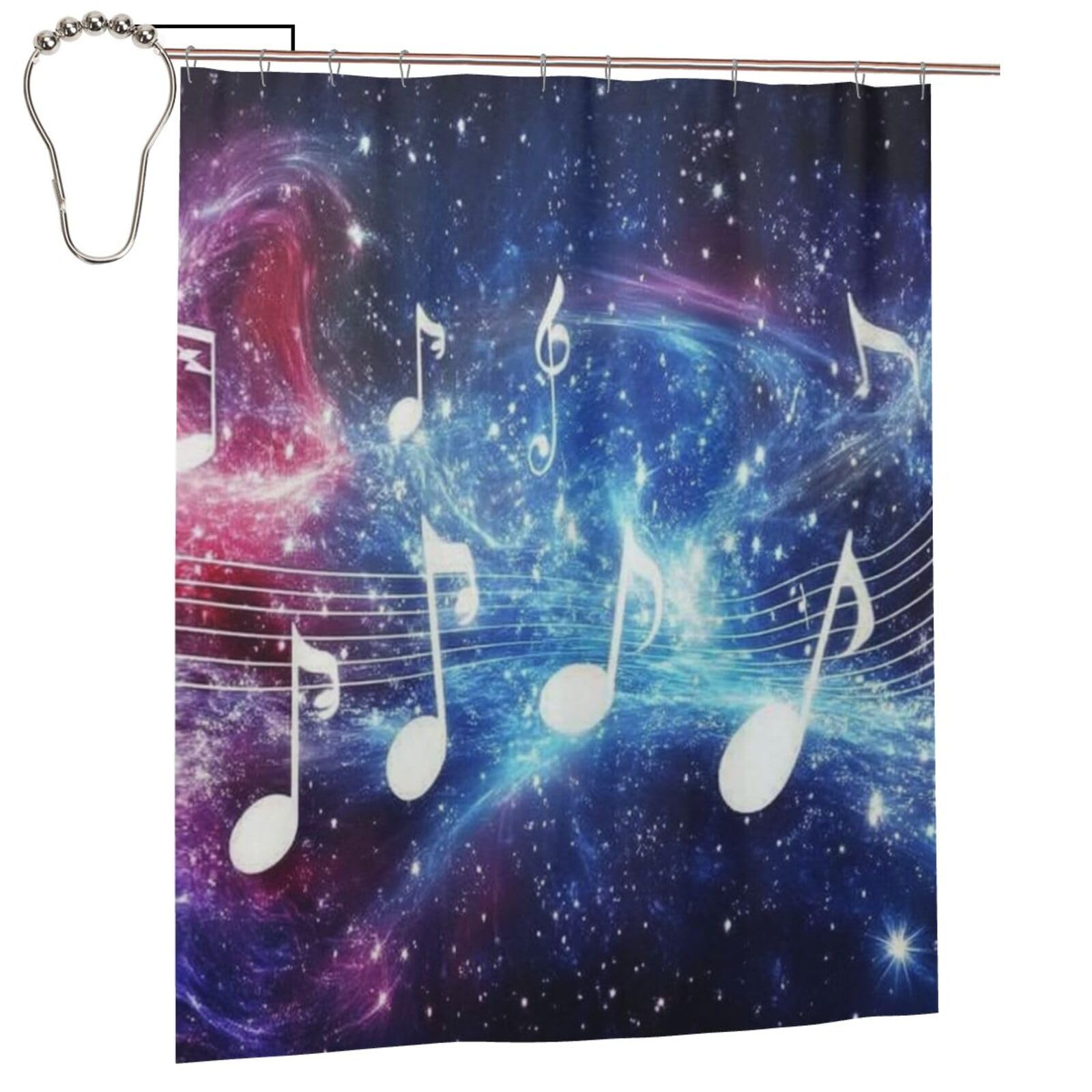 Cortina de ducha con estampado de notas musicales de noche estrellada, 152 x 183 cm, cortina de ducha de tela de poliéster impermeable, decoración de bañera con 12 ganchos, secado rápido, lavable