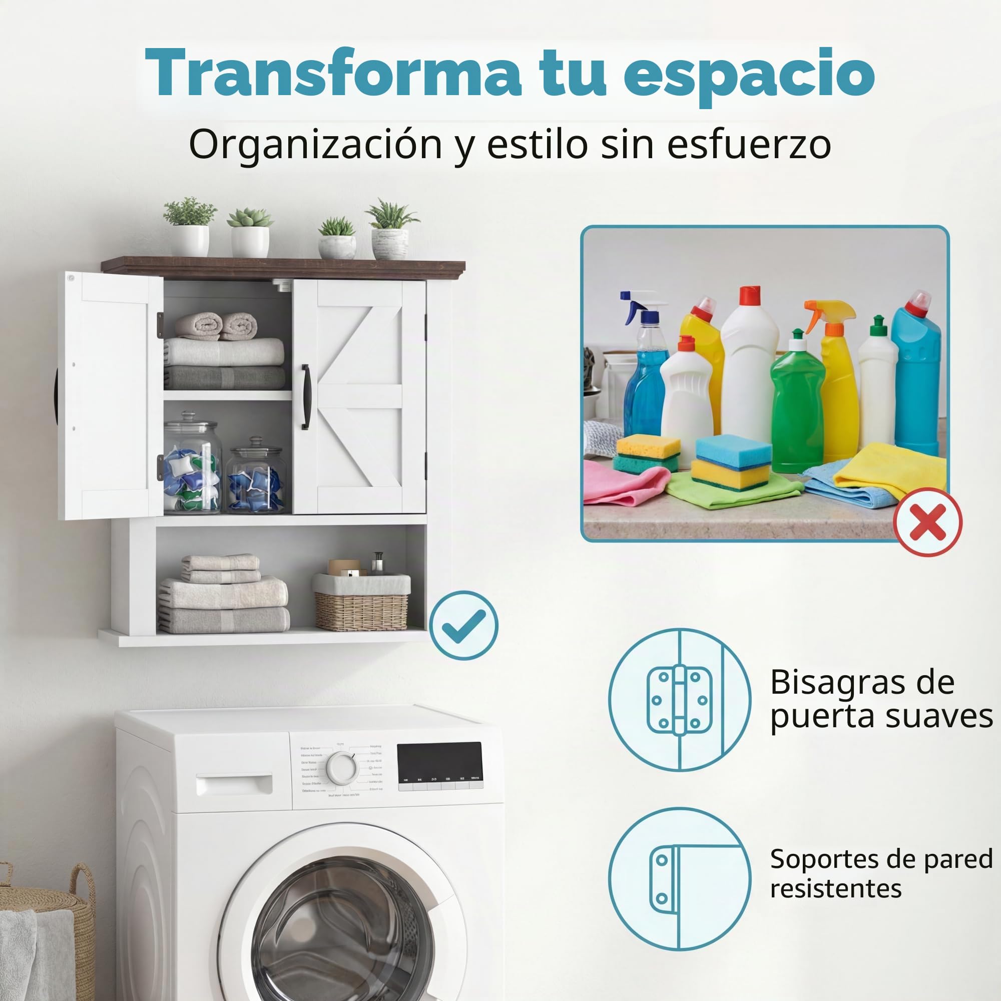 GIANTEX Armario de Pared para Baño, Mueble Colgante con 2 Puertas y 1 Compartimento Abierto, Estilo Granero, Estante Ajustable, 55x19x60cm, Organizador para Cocina, Entrada, Lavandería (Blanco)