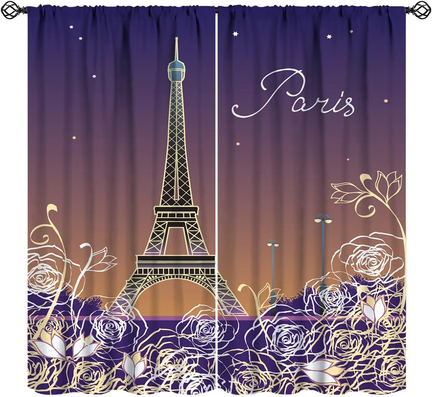 Purple Girls Paris Curtains Modern City Landscape Eiffel Tower Flower Romantic Retro France Scenery Blackout Rod Pocket Window Drapes for Living Room Bedroom Kitchen Decor W31.5xL63in 2 Panels