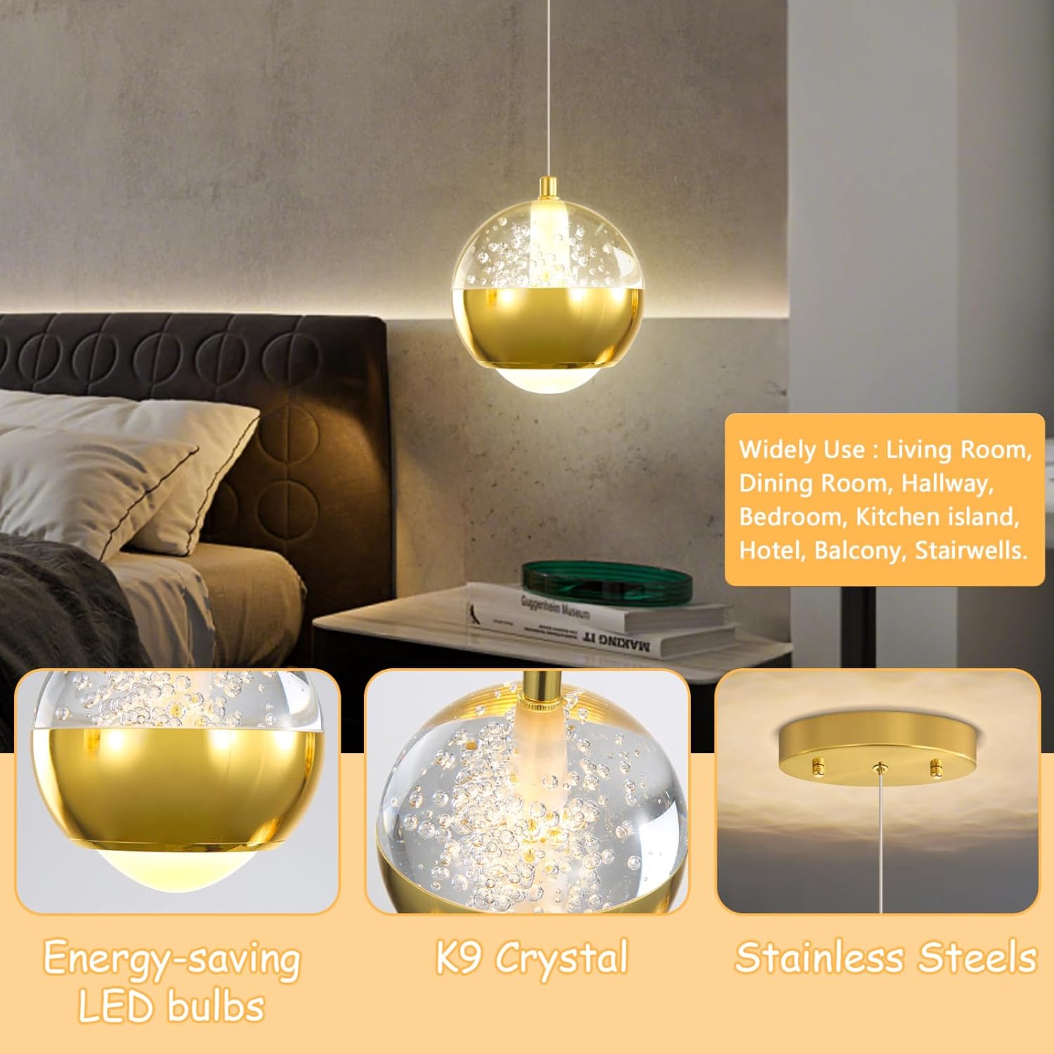 Modern Pendant Light 1 Light Dimmable LED Crystal Chandelier for Kitchen Island Gold Mini Globe Chandelier for Dining Room Bedroom