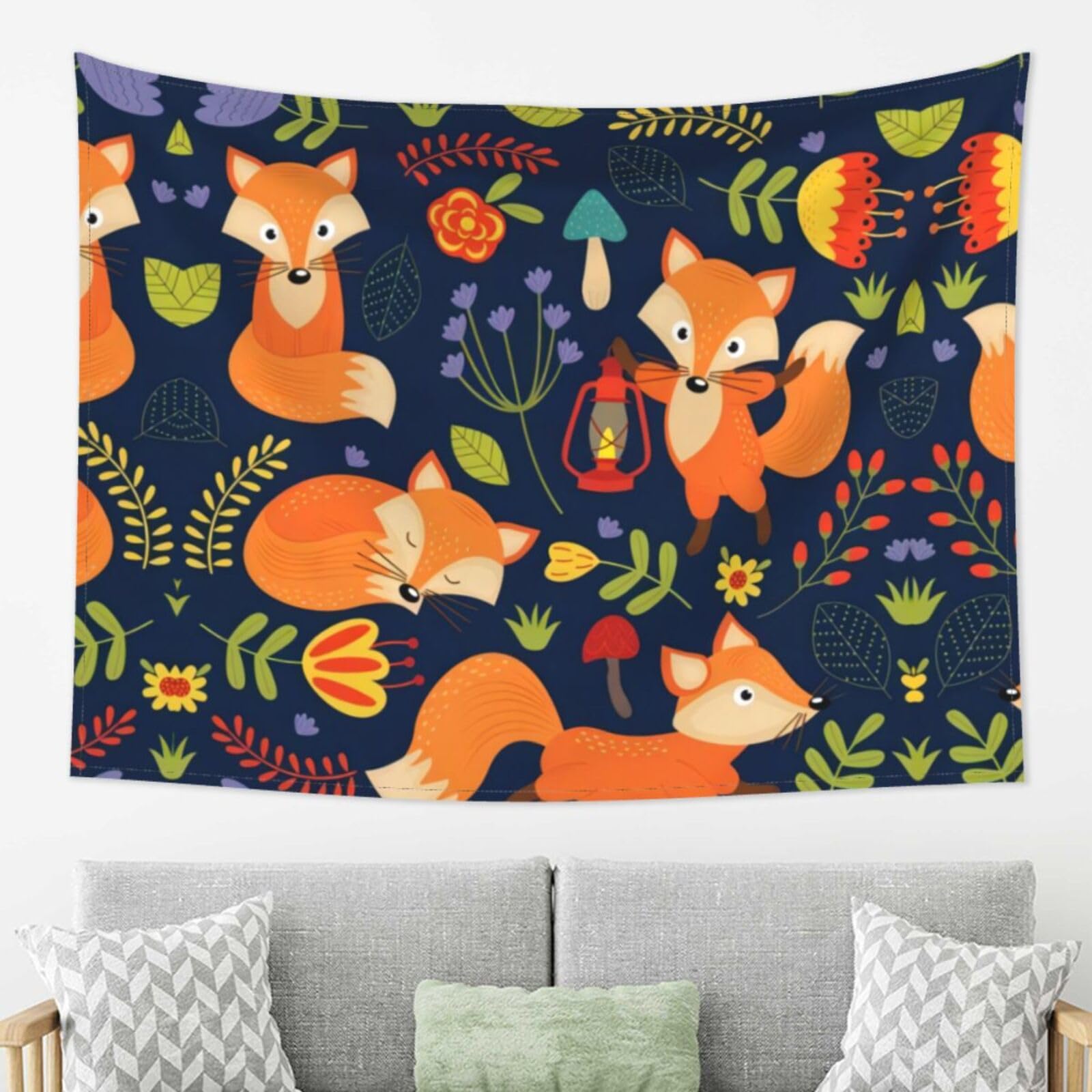 LPLSNWS Wall Tapestry for Living Room, 80x60 Inches, Animal Fox Flower Theme