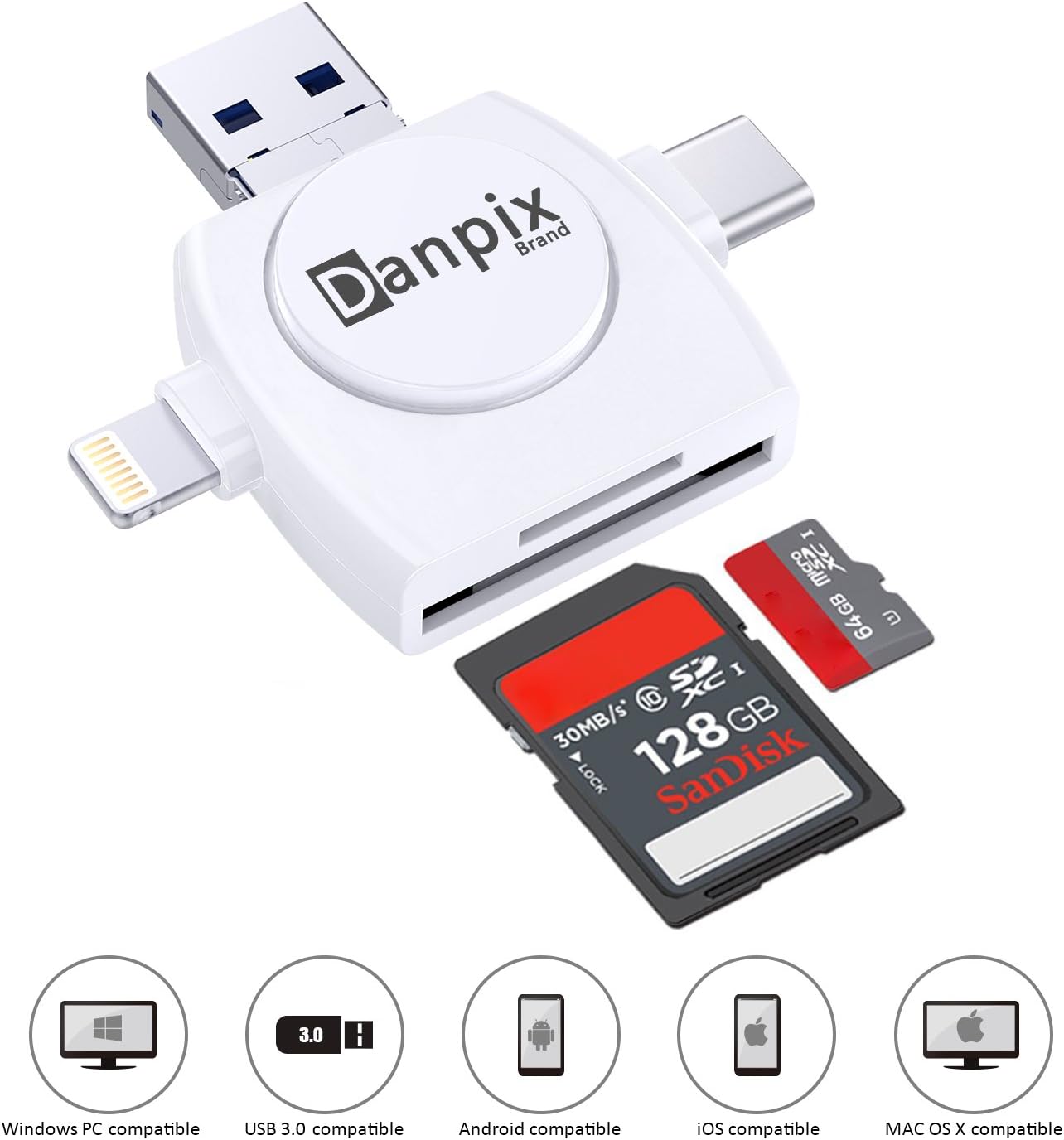 Micro SD Card Reader TF Memory Card Camera Reader Adapter for iPhone/iPad/Android/Mac/PC/New MacBook. with Lightning/Micro USB/Type C/USB 3.0 Connector(4 in1)