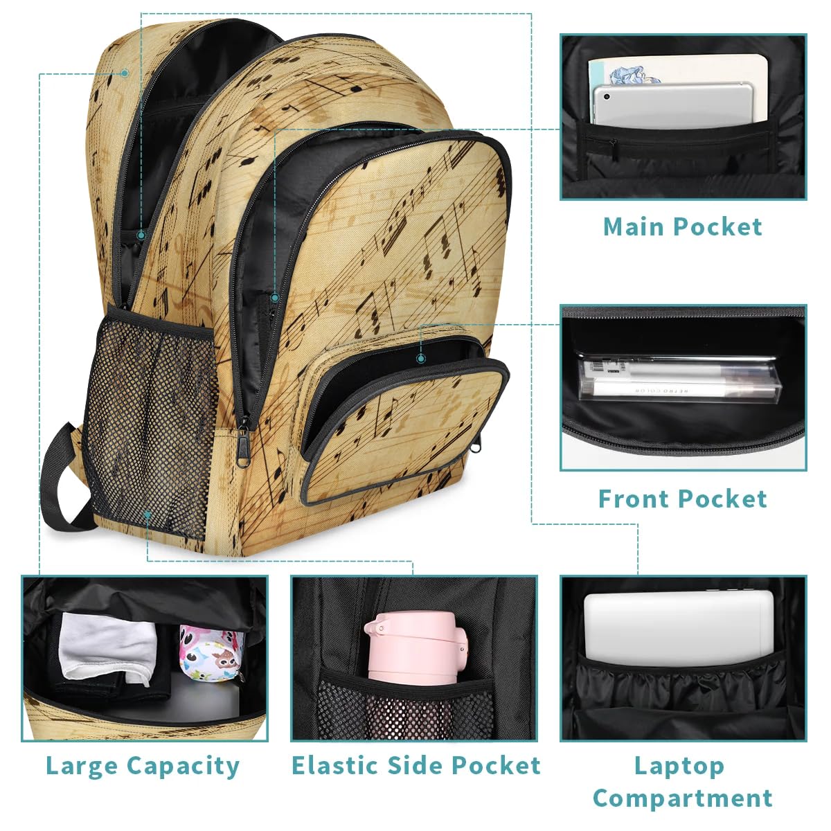 TropicalLife Rucksack mit Musiknoten, Retro-Rucksack, Mehrzweck-Rucksack für Kinder, Mädchen, Jungen, Männer, Frauen, Musik, großer Rucksack, Schule, Büchertasche, lässiger Laptop-Tagesrucksack,
