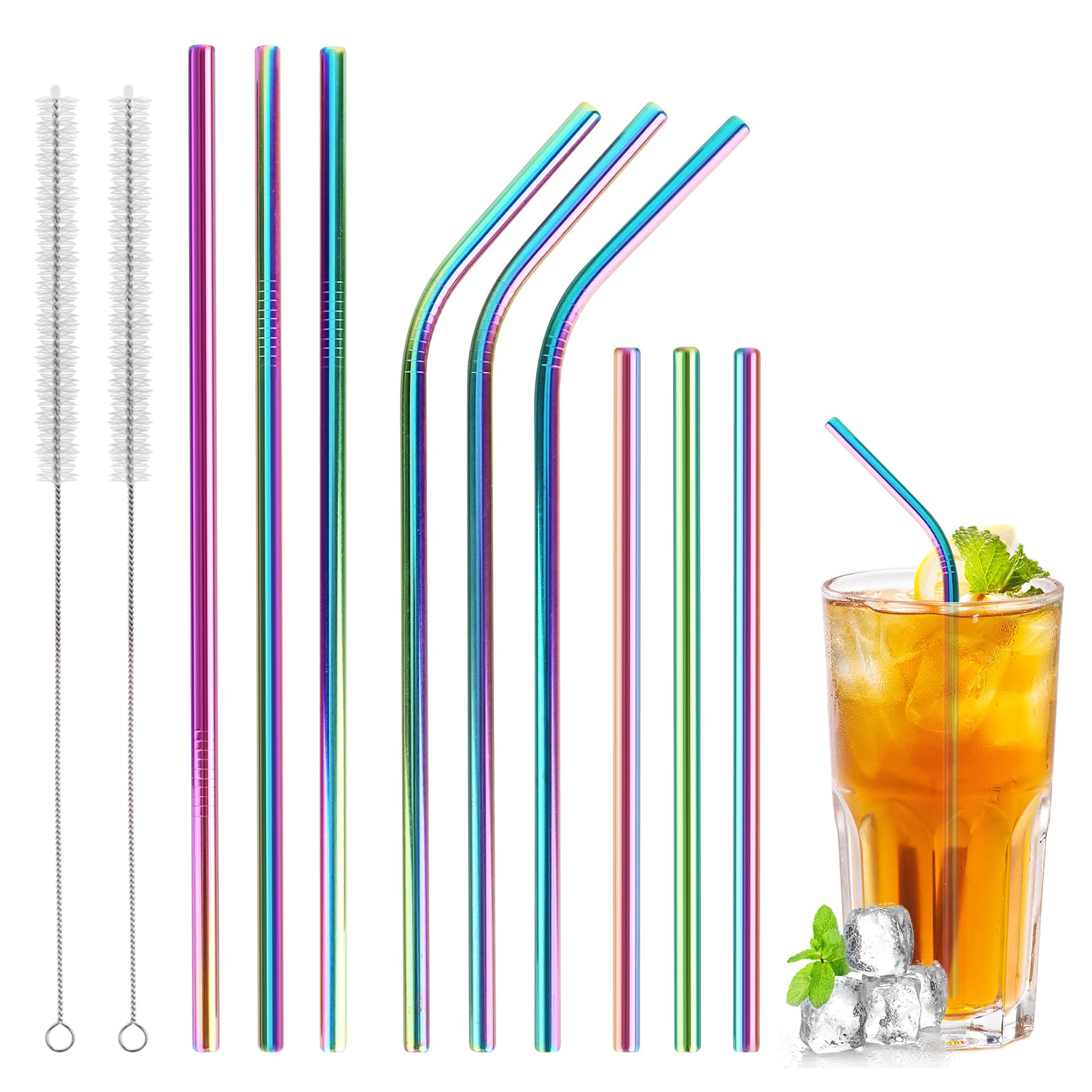 Pailles En Inox Réutilisables - Lot De 12 Avec 2 Brosses De Nettoyage - Pour Smoothie, Thé à Bulles, Cocktail