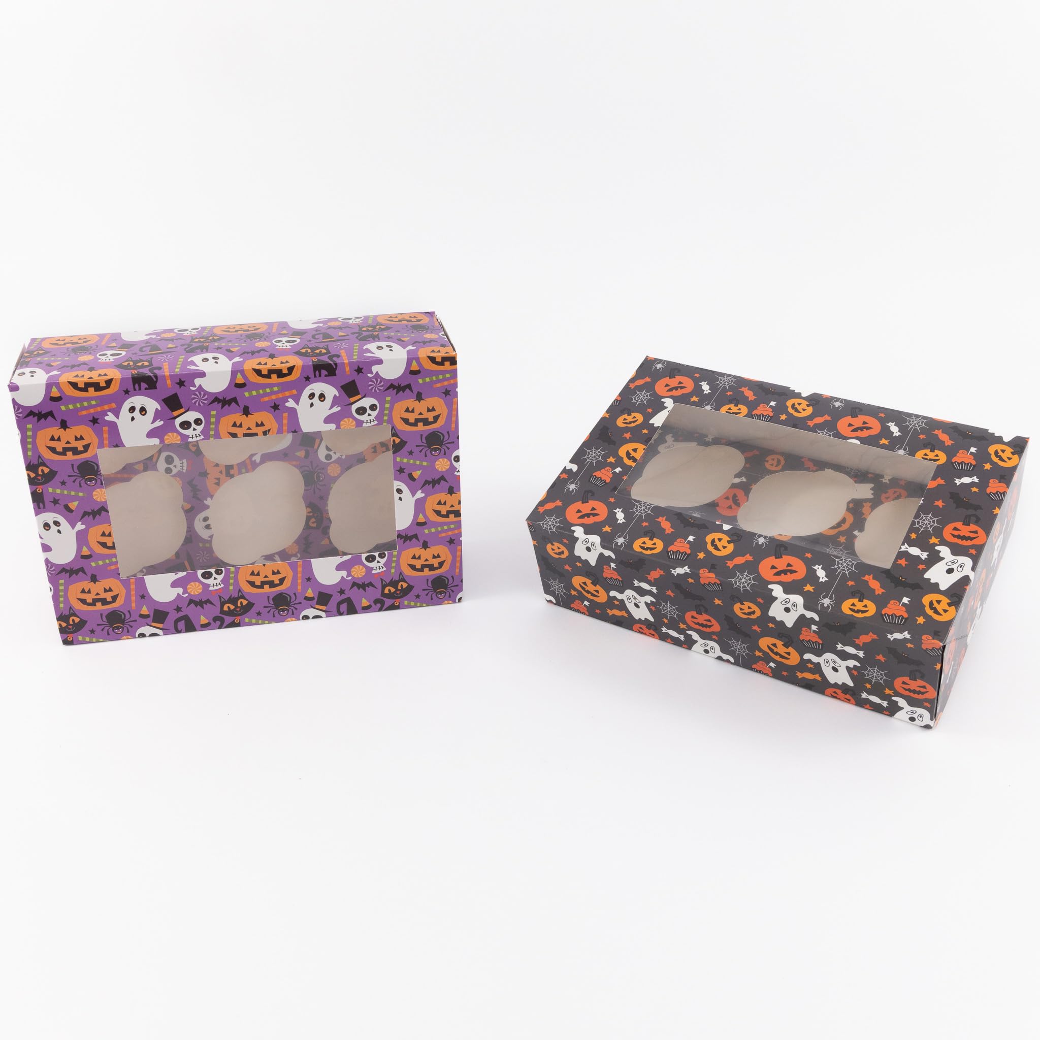 evelay Halloween Cupcake Boxes - Holds 6 Standard Cupcakes - Mixed Spooky Designs with Window & Inserts for Treats, Sweets and Chocolates (Pack of 2)