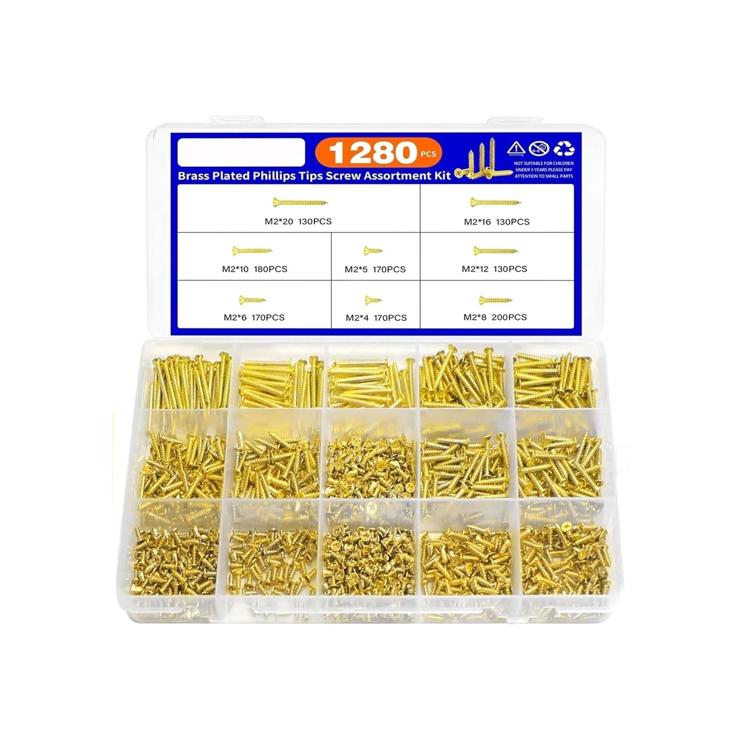480/1280pcs Brass Plated Phillips Tips Screw Assortment Kit Fasten Links with Removable Daily Safety to Prevent Loosening(1280pcs)