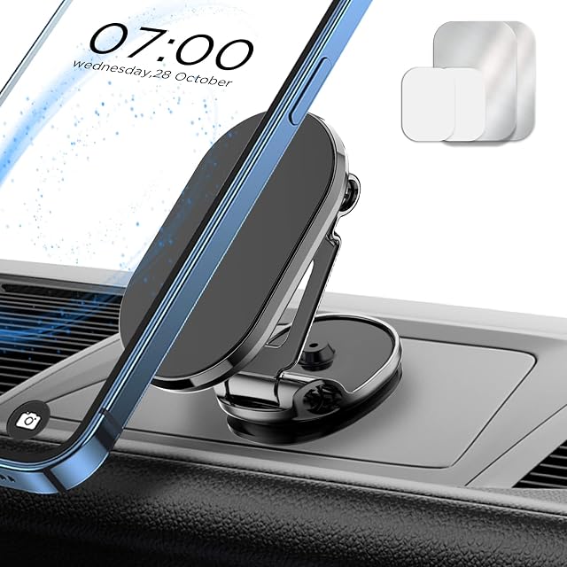 Magnetic Phone Car Mount with Foldable Base, Jessonly Upgrade Phone Car Holder with 6 Magnets, 360° Rotation Dashboard car phone mount, Universal Car Phone Holder Compatible with iPhone Samsung Huawei