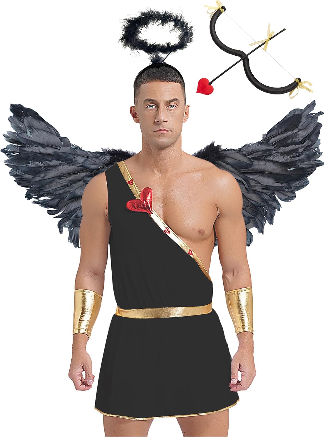 6Pcs Halloween Cupid Costume for Men Wings Arrow Bow Wrist Cuffs Body Sash Kilt Cupid Accessory