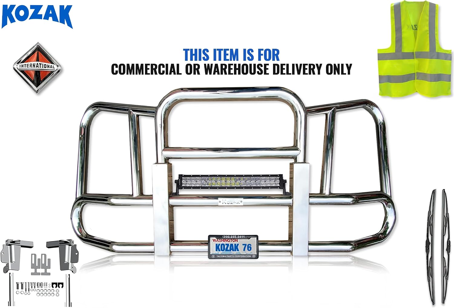 KOZAK Front Grille Deer Moose Brush Bumper Guard Large Square with 22" LED Light bar with Brackets Compatible with International LT625 PLUS Logo, License Plate Holder and Frame, 2X Wipers and Vest