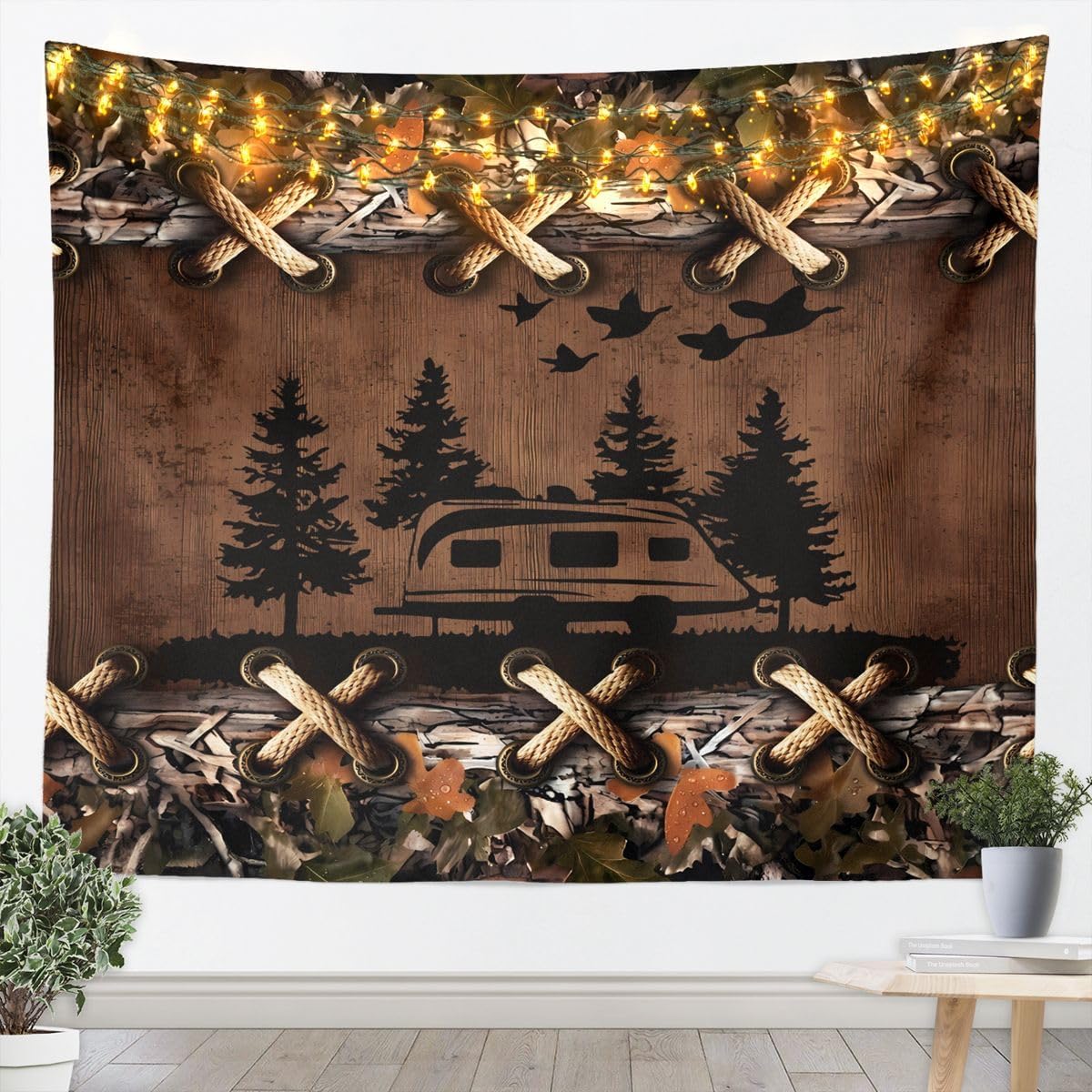 Feelyou Camper Tapestry Happy Camping Wall Art for Living Room Bedroom RV Camping Camouflage Wall Hanging Blanket Camper Accessories for Travel Trailers Home Decor Small 51"x59" Cabin Camo