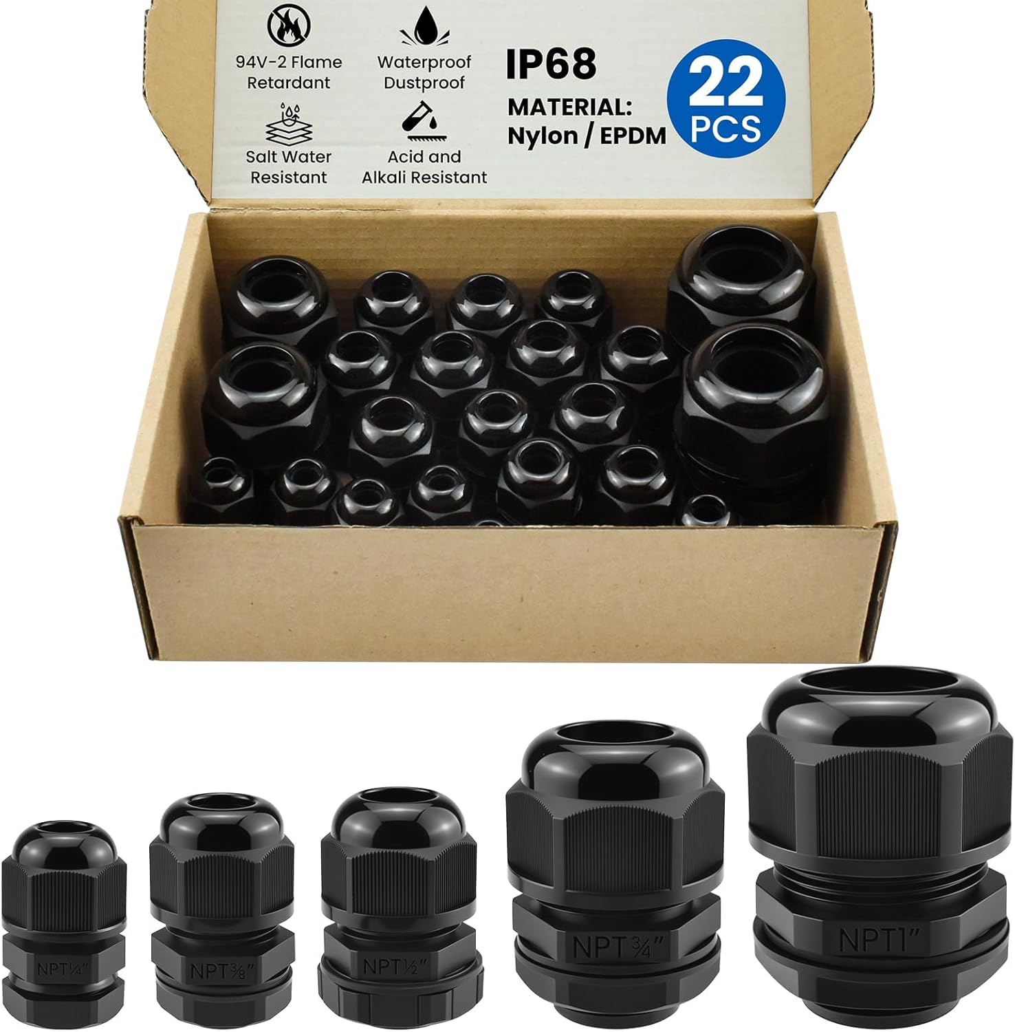 22 Pcs NPT Cable Gland Kit, IP68 Waterproof Nylon Connectors, 1/4”, 3/8”, 1/2”, 3/4”, 1”, Adjustable Cord Grip fo Junction Box, Wire Panel