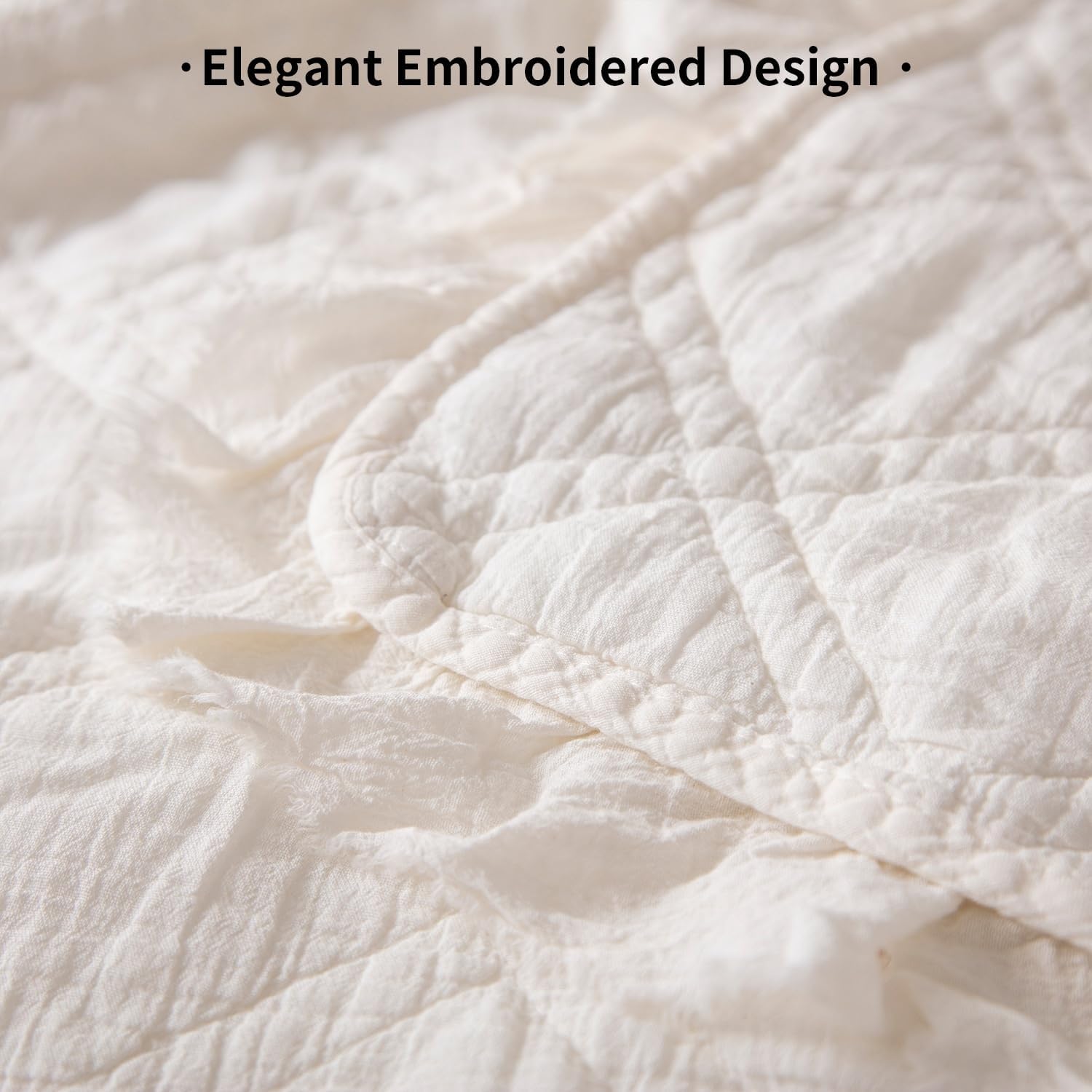 BOV Quilts Queen Size - Stonewashed Fringed Edges Cotton Quilt Queen Quilt Bedding Set with 2 Pillow Shams, Quilted Cotton Bedspread Coverlet Full Size Comforter Sets for All Season, White 96"X92"