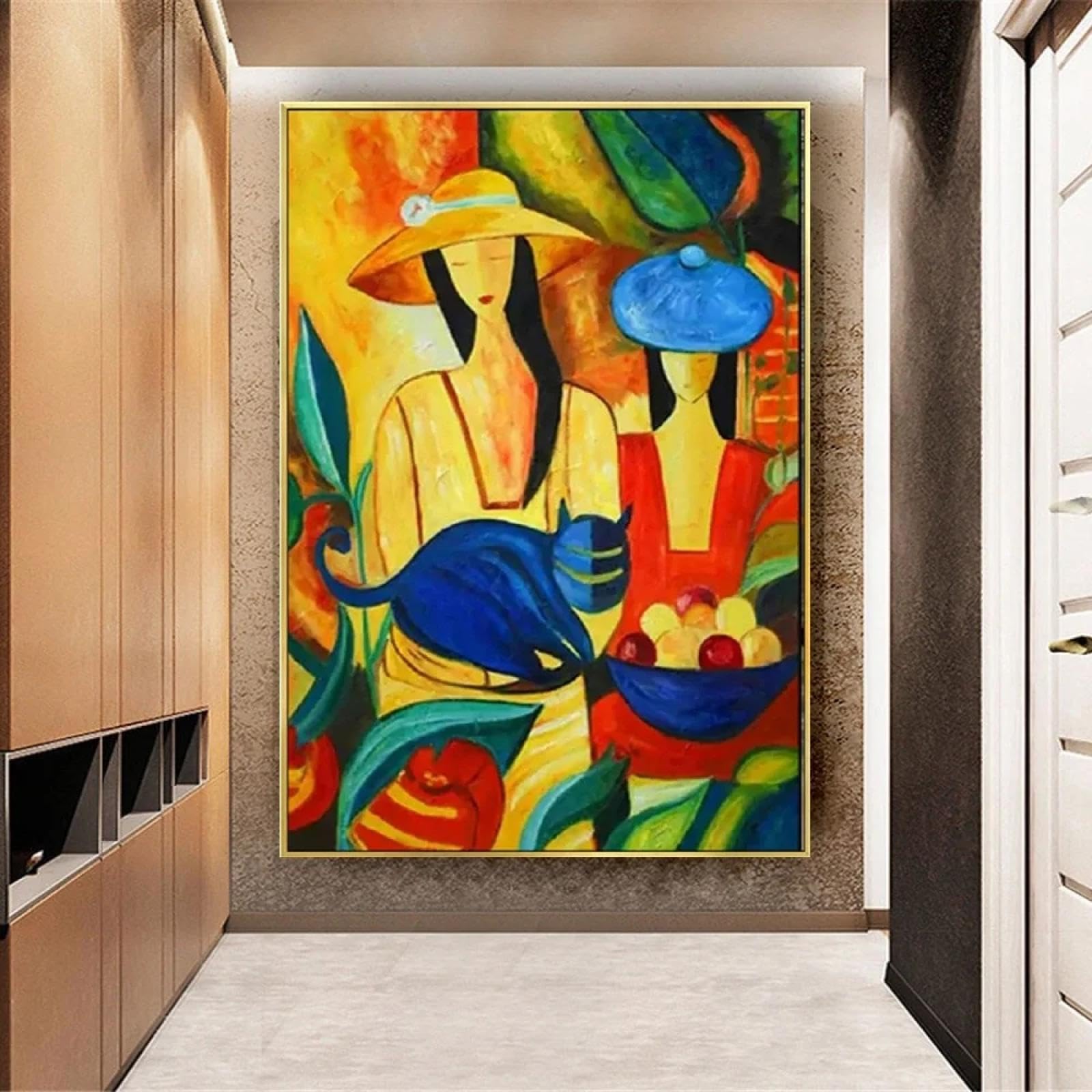 Picasso Figura Pintura Chica De Moda Con Gato Cuadro En Lienzo Arte Moderno De La Pared Para La Decoración De La Sala Impresiones Con Marco Dorado 40x60cm/16x24inch Con Marco Dorado