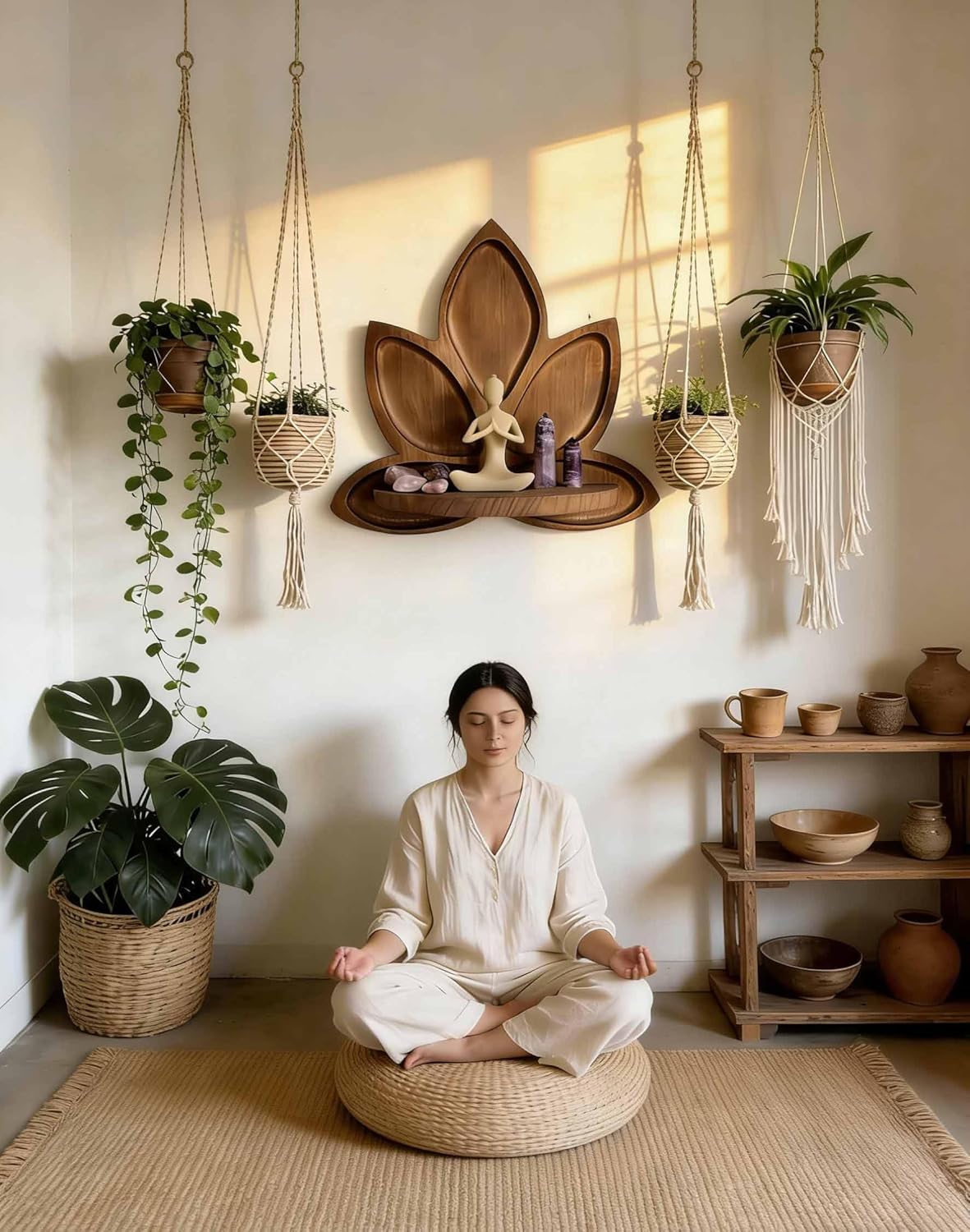 Carved Lotus Flower Wooden Floating Wall Shelf, Boho Zen Spiritual Home Decor for Office, Living Room, Bedroom, Yoga & Meditation Space