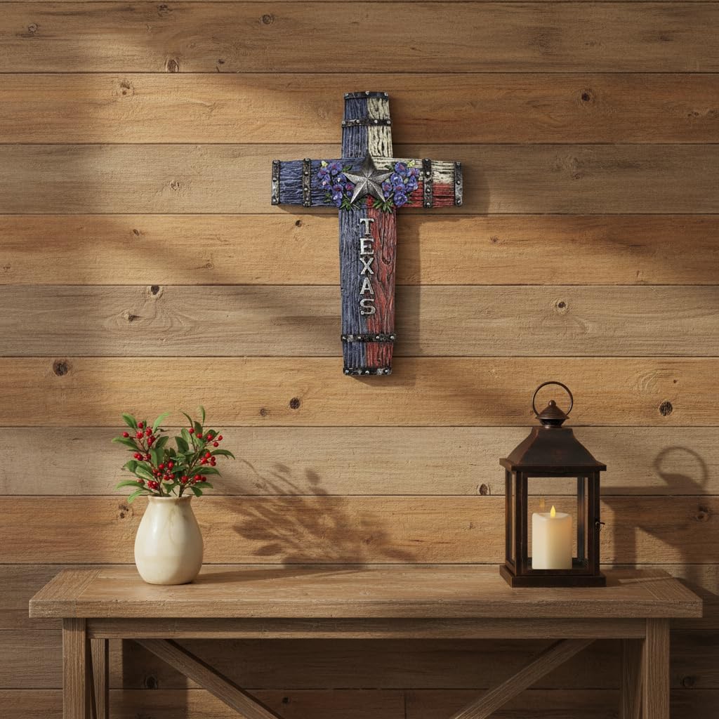 Comfy Hour 14" Lone Star Texas Cross for Wall, Decorative Western Style Religious Plaque with Bluebonnets, Artisan Crafted Wood Look Resin Sculpture, Lone Star State Home Decor, 1 Piece
