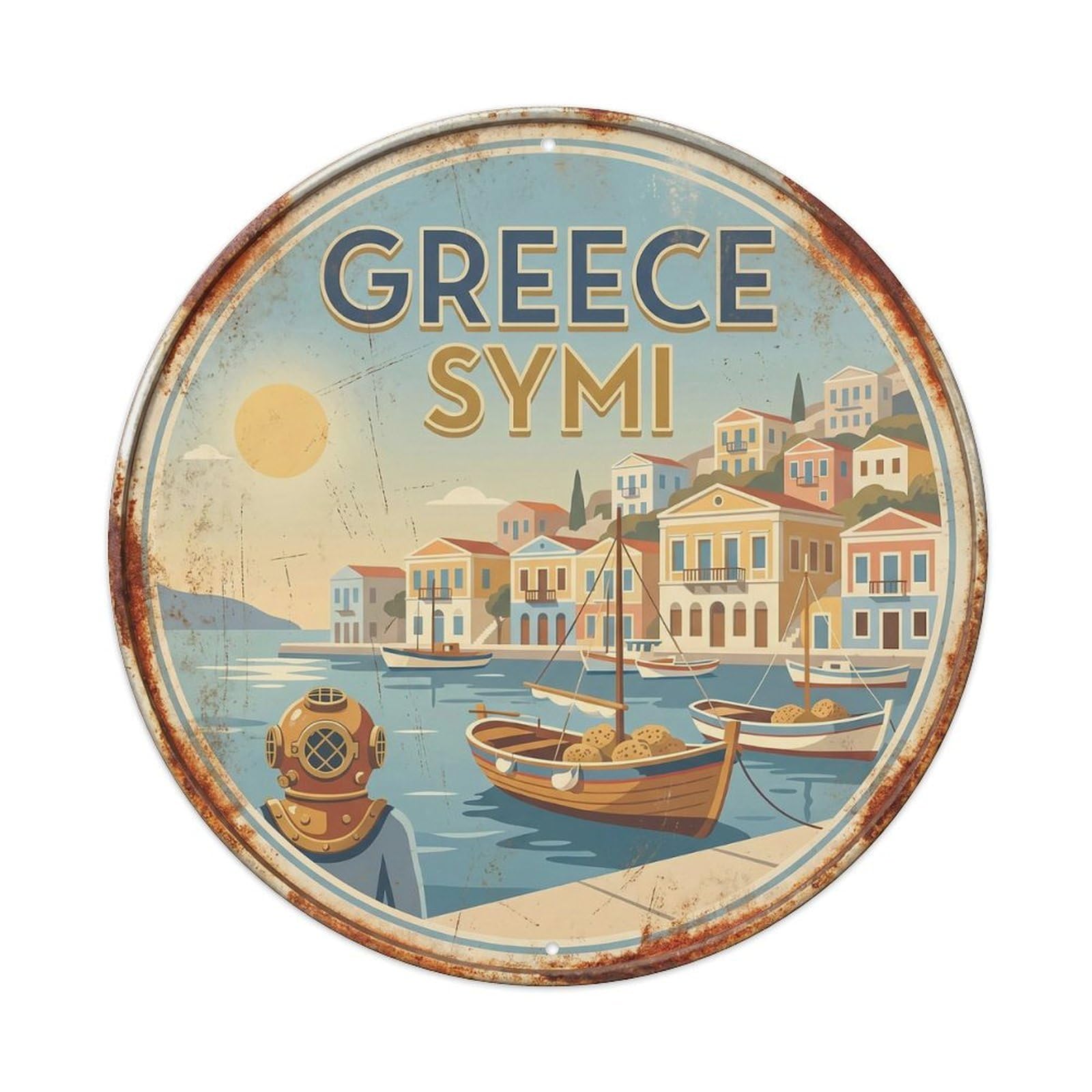 Symi Neoclassical Greek Vintage Travel Landmark Metal Tin Sign
