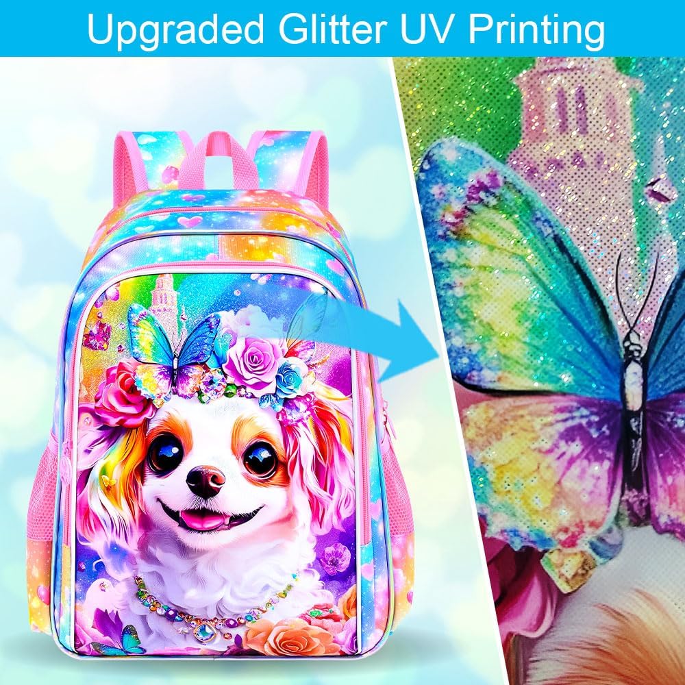16" Dog Backpack for Girls, 3Pcs School Backpacks Set for Elementary Preschool Kindergarten, Kids Bookbag with Lunch Box (Rainbow)