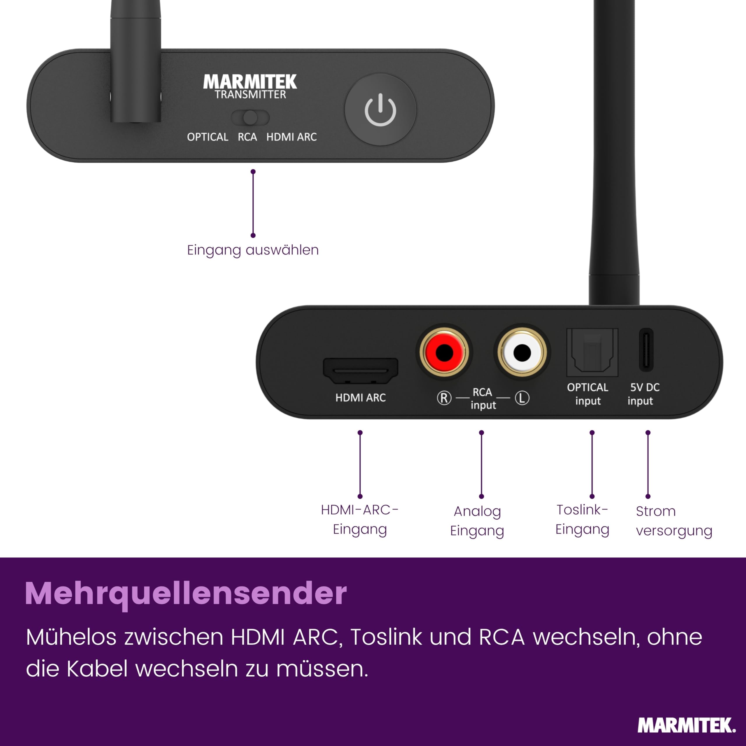 Marmitek Audio Anywhere 730 - Kabelloser Audio Sender für TV HDMI ARC | TV-Ton kabellos an Soundbar, Aktivlautsprecher oder Stereoanlage, optisch, RCA, USB-C, Low Latency und Multiroom