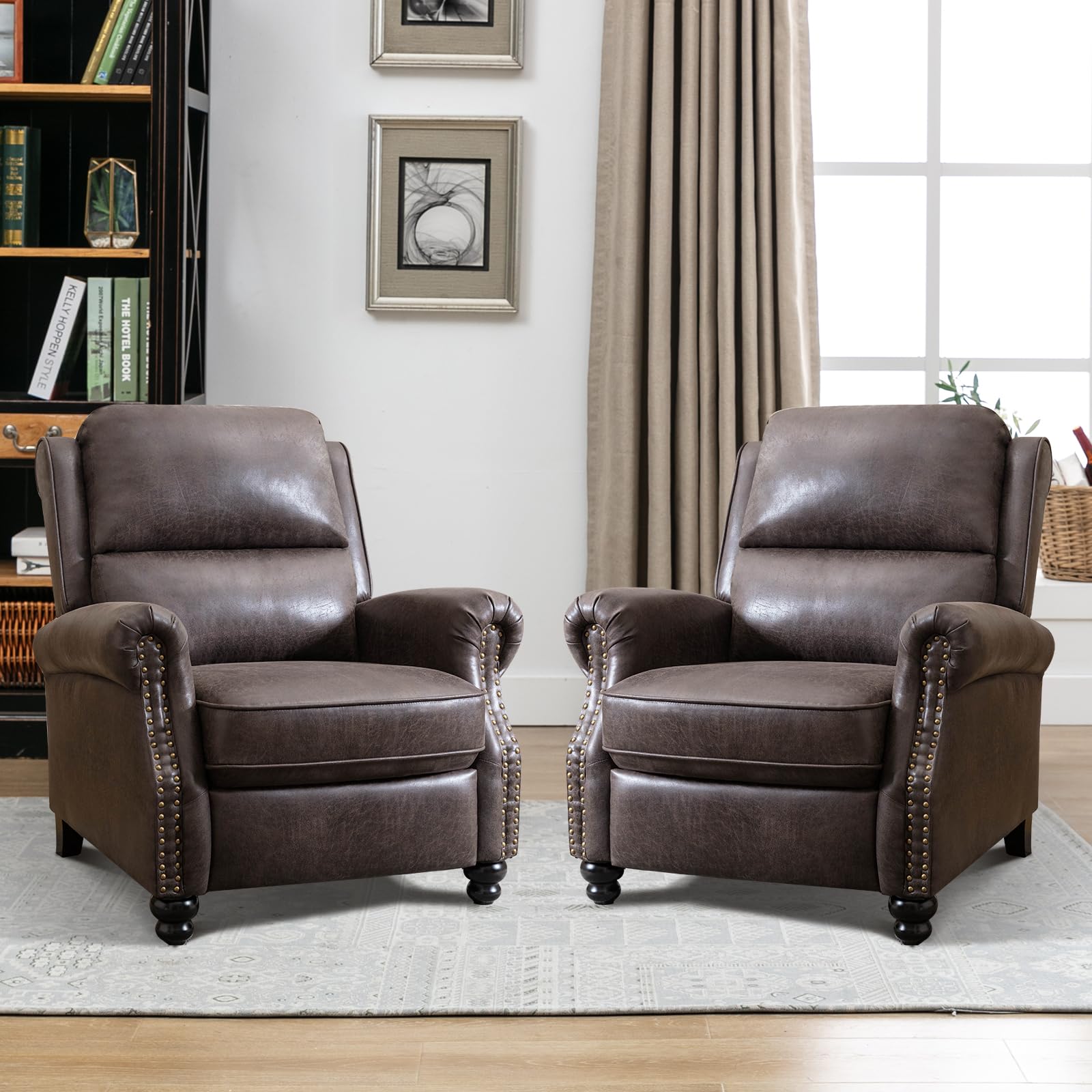 CANMOV Pushback Recliner Chair Set of 2, Faux Leather Armchair Push Back Recliner with Rivet Decoration Single Sofa Accent Chair for Living Room, Dark