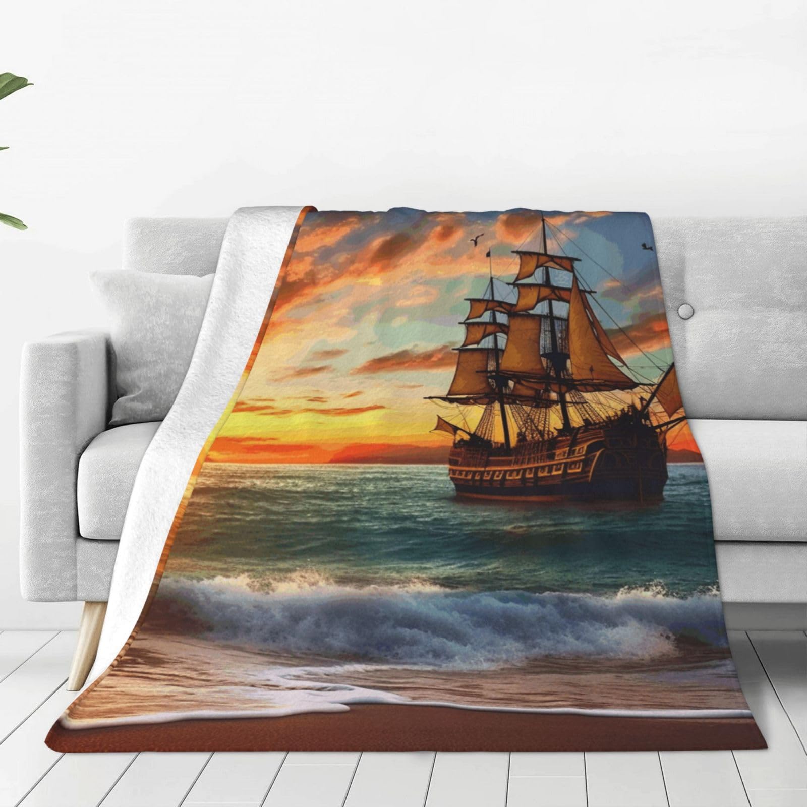 Paqolsmckr Black Throw Blanket 40"X30" Bed Blanket Pirate Ship In The Sunset Flannel Blankets For Sofa Reversible Plush Blanket Soft Cozy Throw Blankets For Couch Camping All Seasons