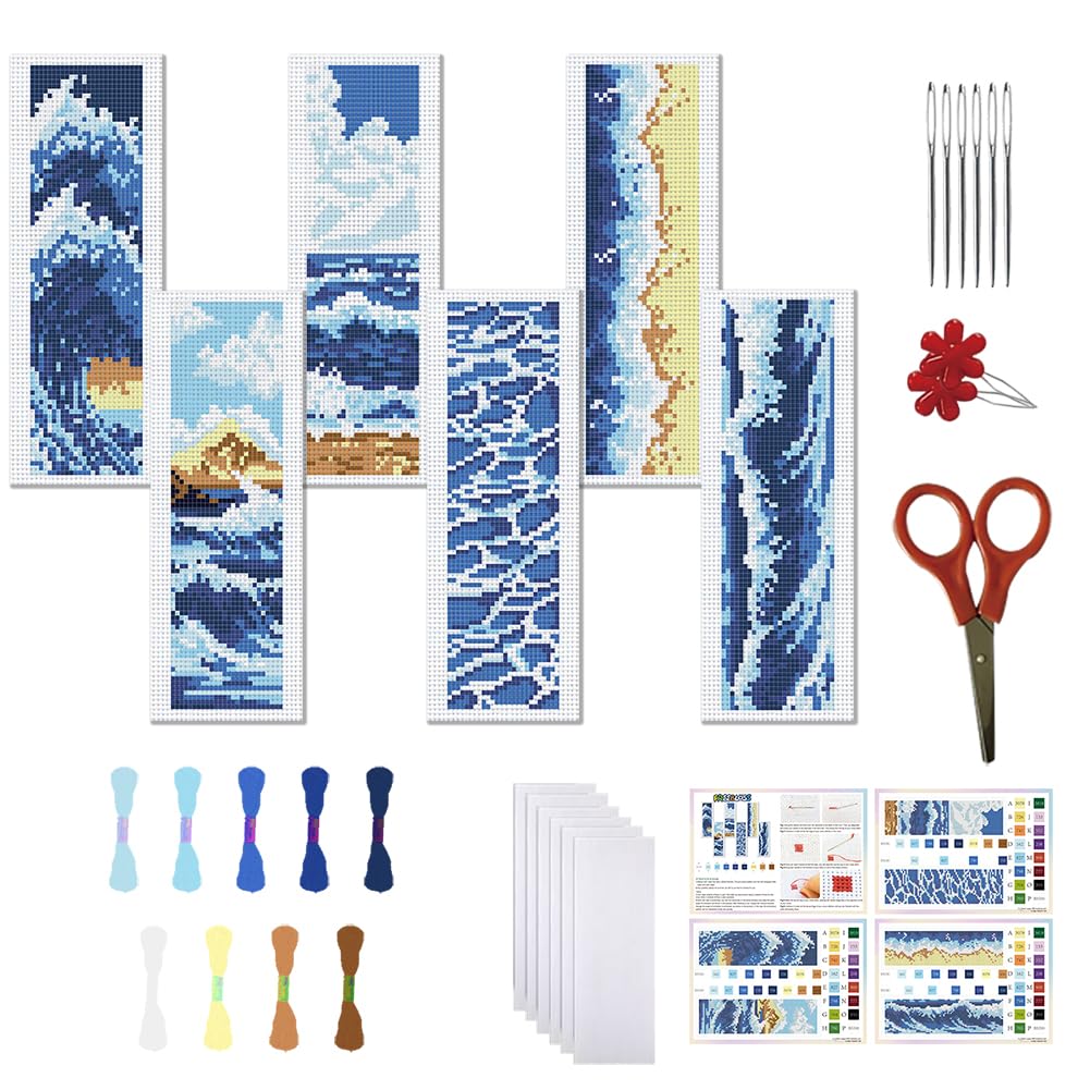 FREEBLOSS 6 Set Cross Stitch Bookmark Kit Cross Stitch Kit Sea Wave Stamped Embroidery Bookmark with Instruction Landscape Cross Stitch Kits for Adults DIY Bookmark Kit 6x20cm โ image 1