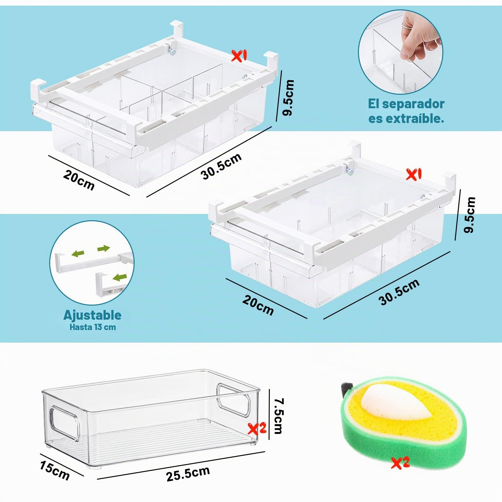 JOYBOY Organizadores de Cajones Frigoríficos, 4 pcs Caja de Almacenamiento para Frigorífico, Cajón Estante Nevera Organizador Retráctil para Cocina Armarios Fruta Vegetal etc