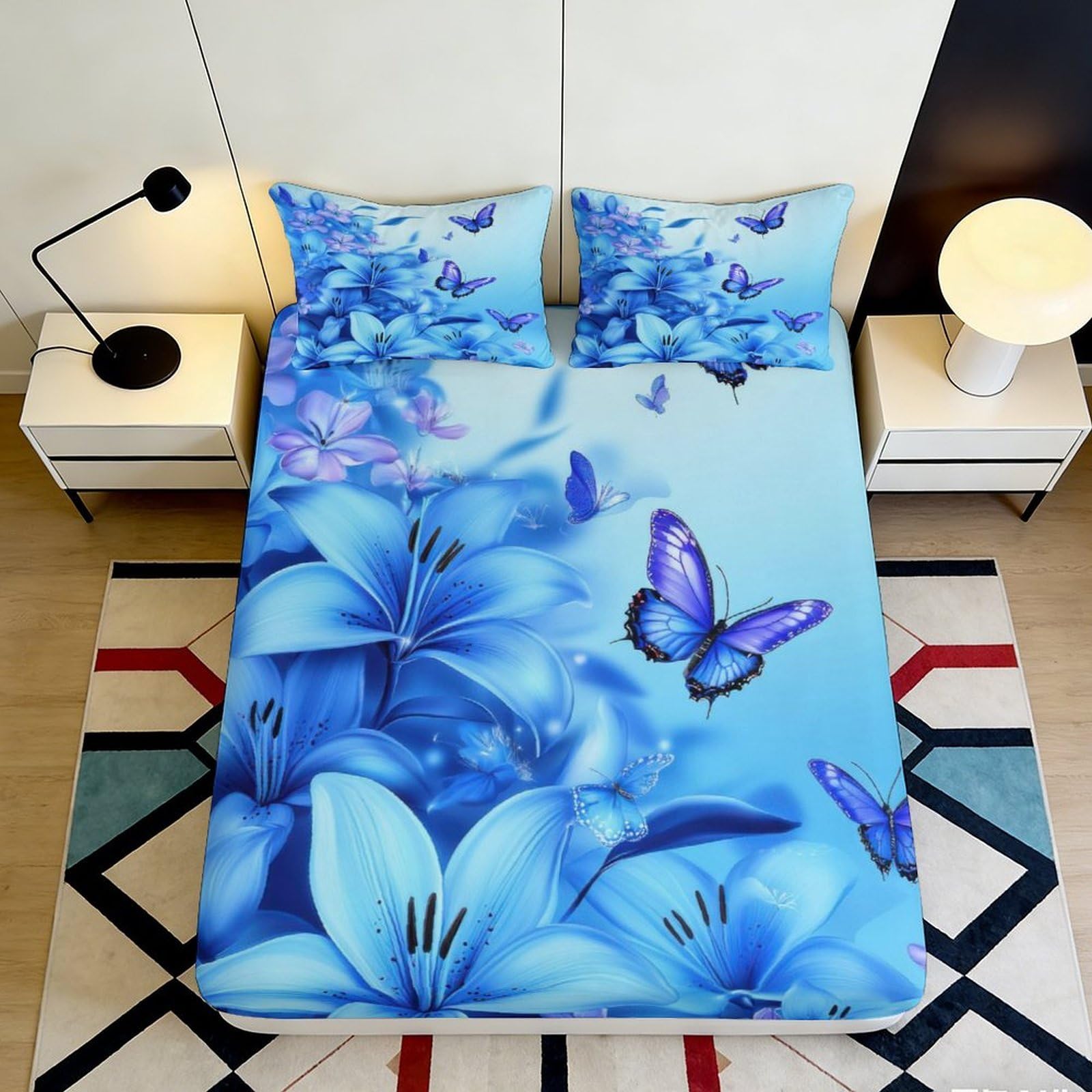 Jwndfkpvxzgl Style-7 3D Printed Blue Lily Fitted Sheet Microfiber Soft Butterfly Bed Cover Anti-Slip Machine Washable Bedroom Decor Mattress Protection 90X200x25cm