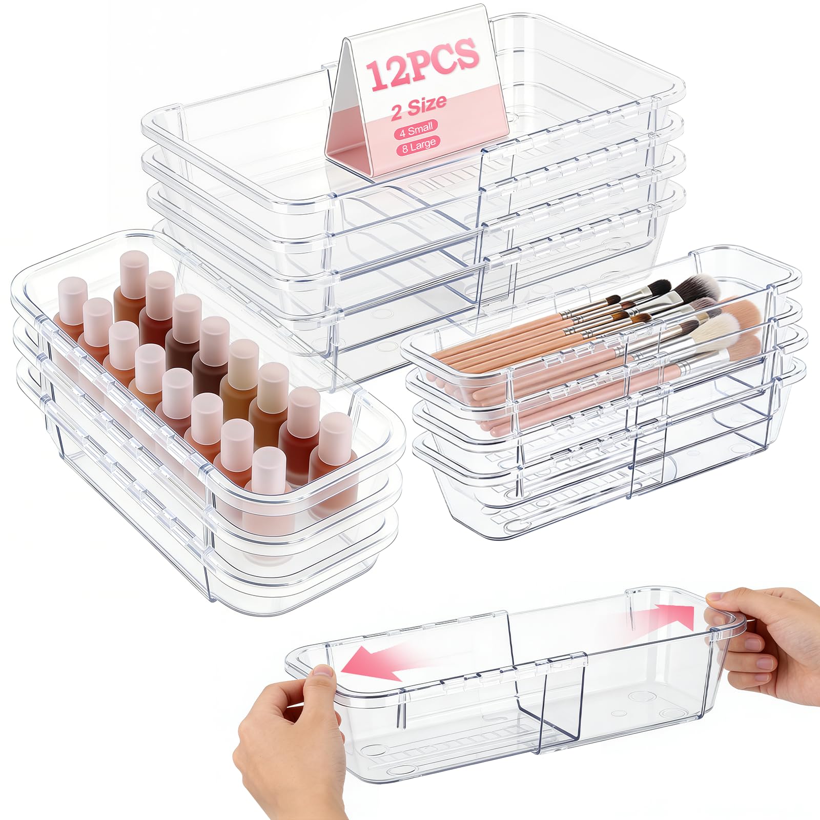 autumndeer 12 Pack Drawer Organiser Set, Adjustable Makeup Drawer Organizer, 2-Size Stackable Clear Plastic Storage Organizer Bins, Drawer Dividers Set for Vanity, Bathroom, Desk, Office, Bedroom