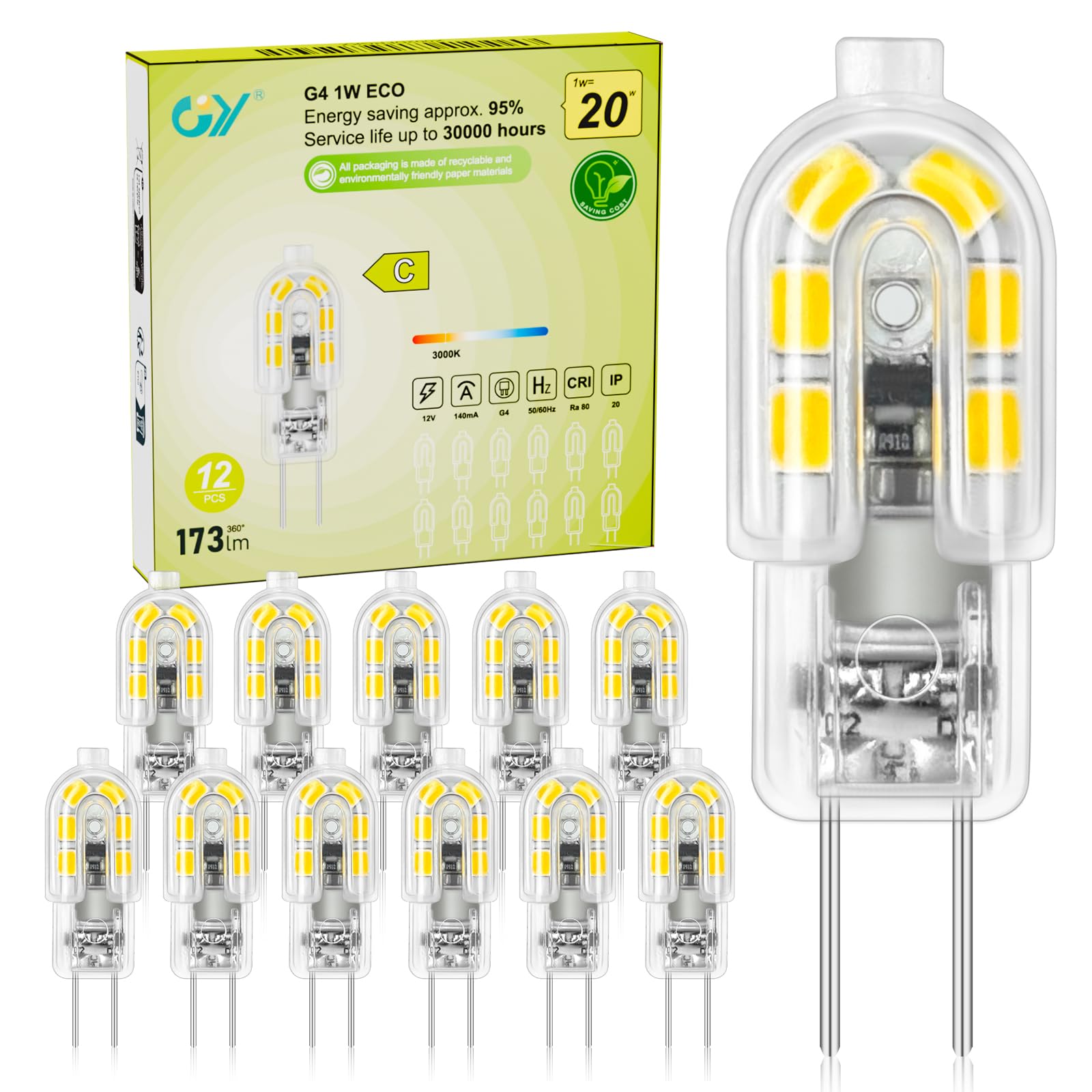 GY G4 1W Energy Saving LED Bulbs Warm White 3000K 12V 173LM Capsule Light Bulbs, Replace 20W Bulb, Non-Dimmable, Non Flicker, 12 Pack