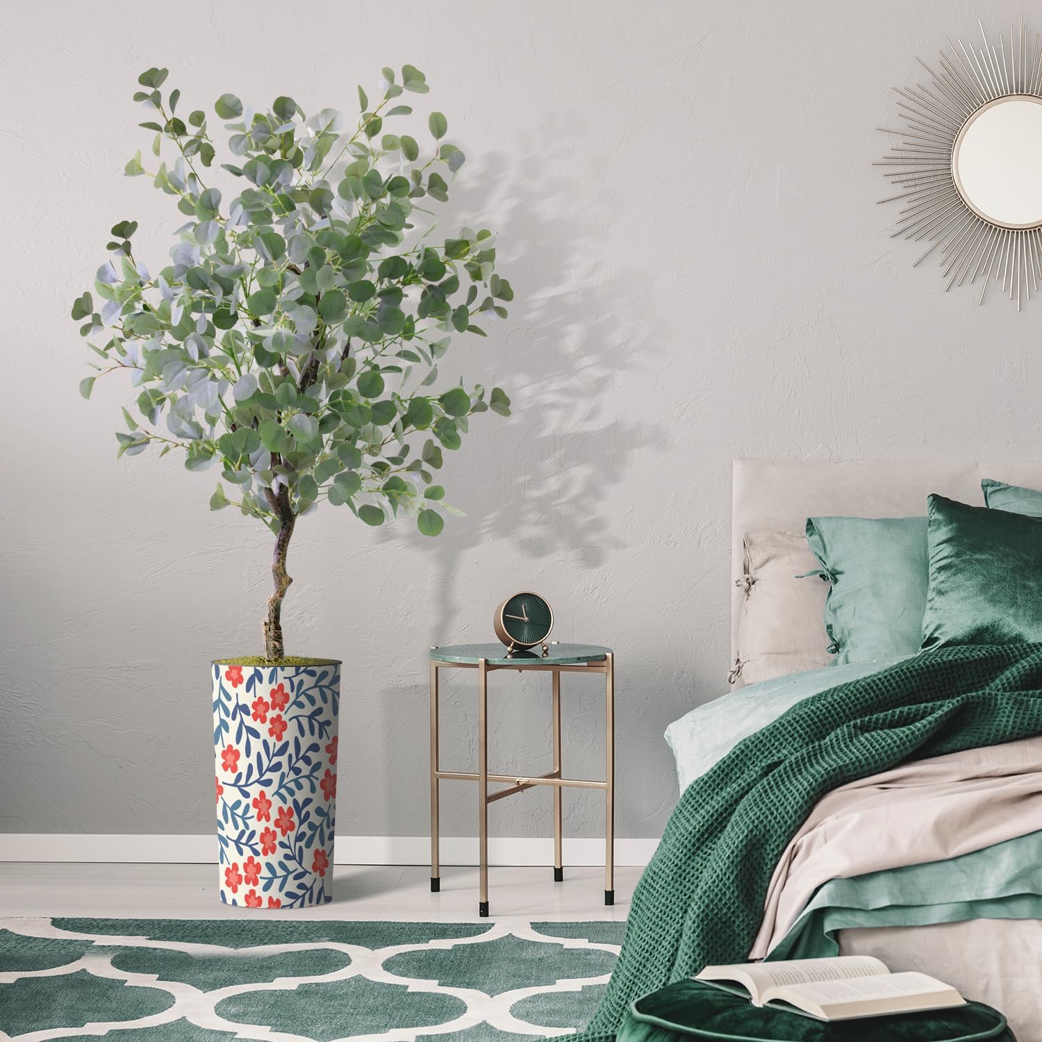 Artificial Tree in Contemporary Daisy Flower Pattern Planter, Fake Eucalyptus Silk Tree for Indoor and Outdoor Home Decoration - 66" Overall Tall (Plant Pot Plus Tree)