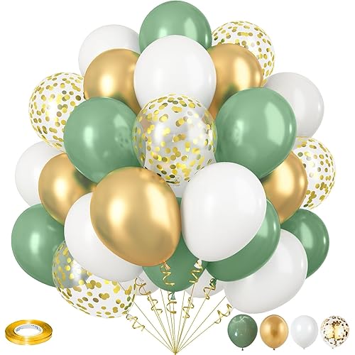 Sage Green and Gold Balloons, 12 Inch Olive Green White Metallic Gold Confetti Latex Balloons Set, Retro Green Gold Balloons for Girls Women Birthday Wedding Jungle Baby Shower Party Decorations