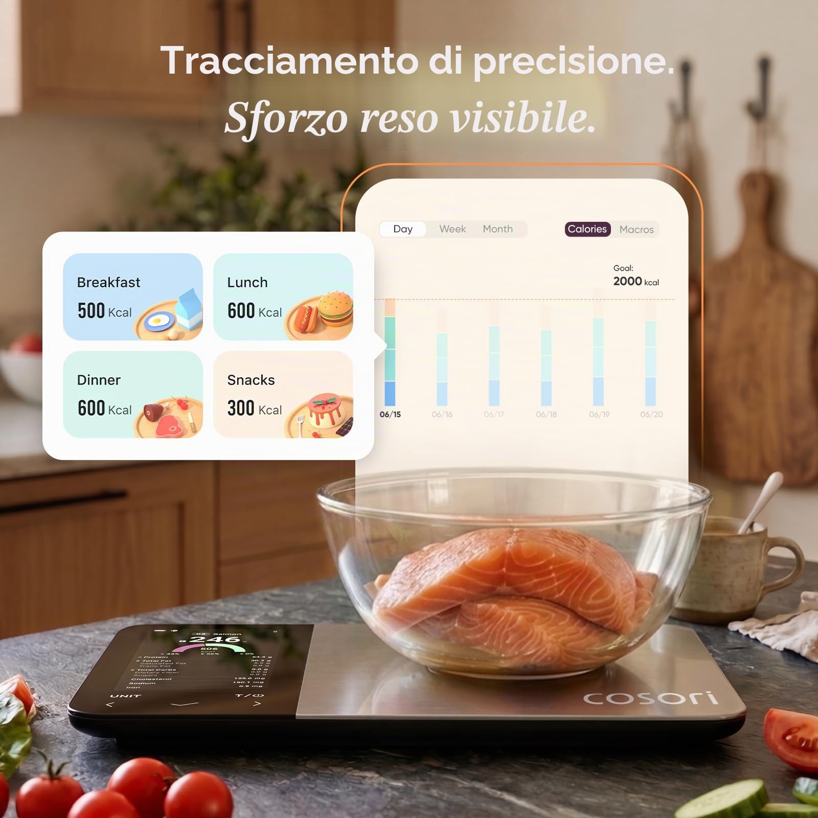 Cosori Bilancia intelligente per alimenti, app gratuita con ampio database alimentare del Regno Unito, bilancia conteggio calorie premium, display a colori trasparente, scansione AI, traccia 19