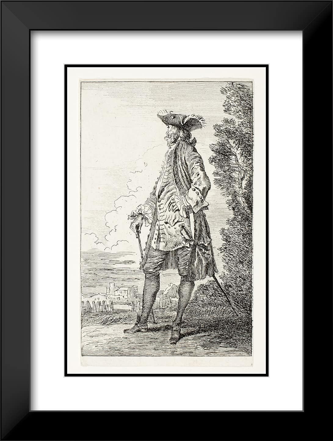 ArtDirect Jean Antoine Watteau 18x24 Black Modern Framed and Double Matted Art Print Titled Gentleman, Side View with Hat