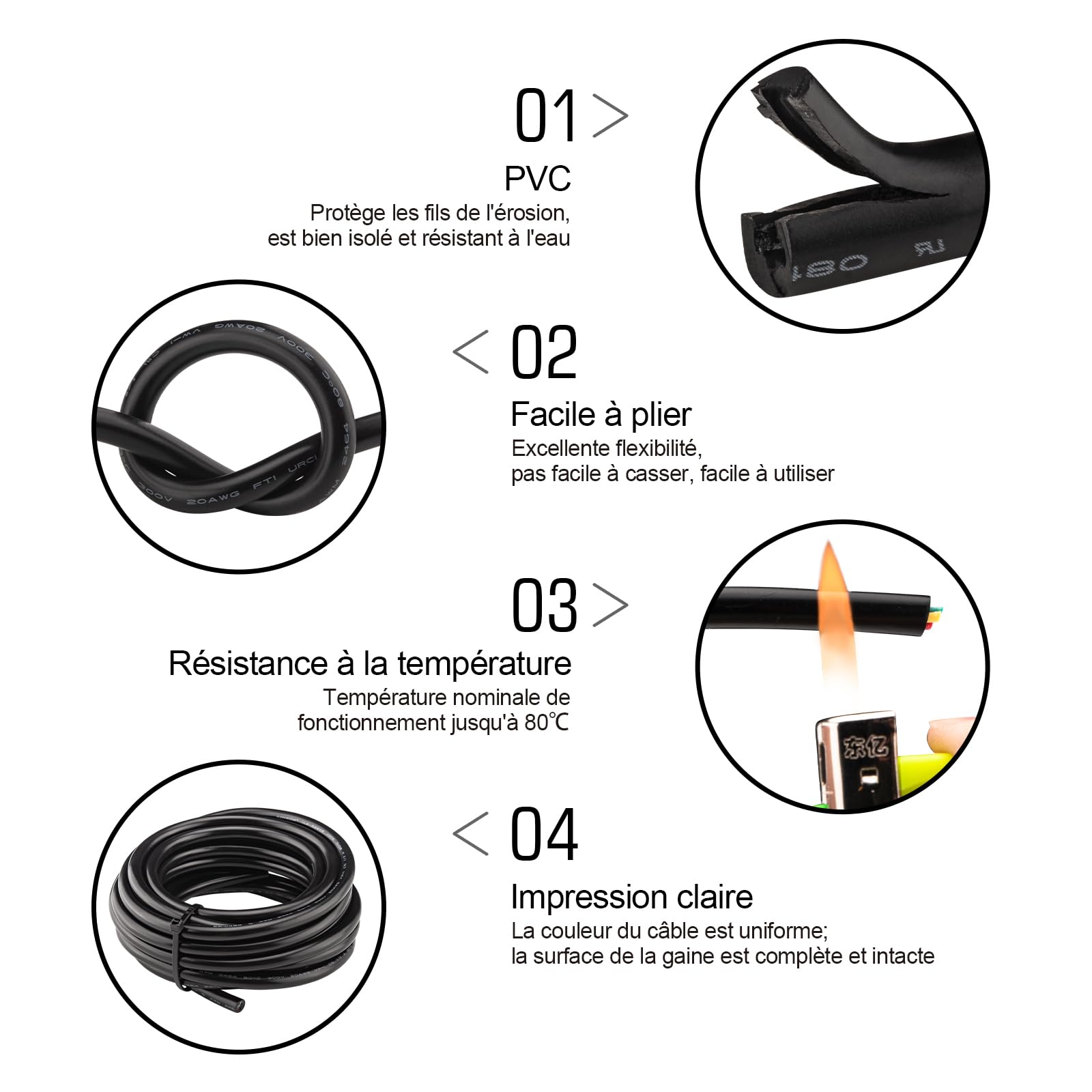 Cable eléctrico (20 m, 20 AWG, 5 conductores, 0,5 mm², UL2464, 5 alambres de cobre estañado, 20 Gauge espiral, extensión de baja tensión, 20 m), color negro