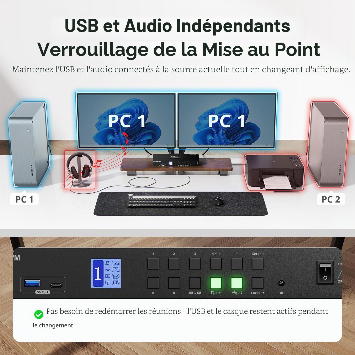 TESmart 4K60Hz HDMI KVM Switch 4 PC 2 Monitor, 4 Ports USB3.0 Commutateur KVM Double écran avec EDID, Supporte le Cascading pour Quadri-écran, Casque, Hotkey, Clavier, Souris, U-disk et Imprimante