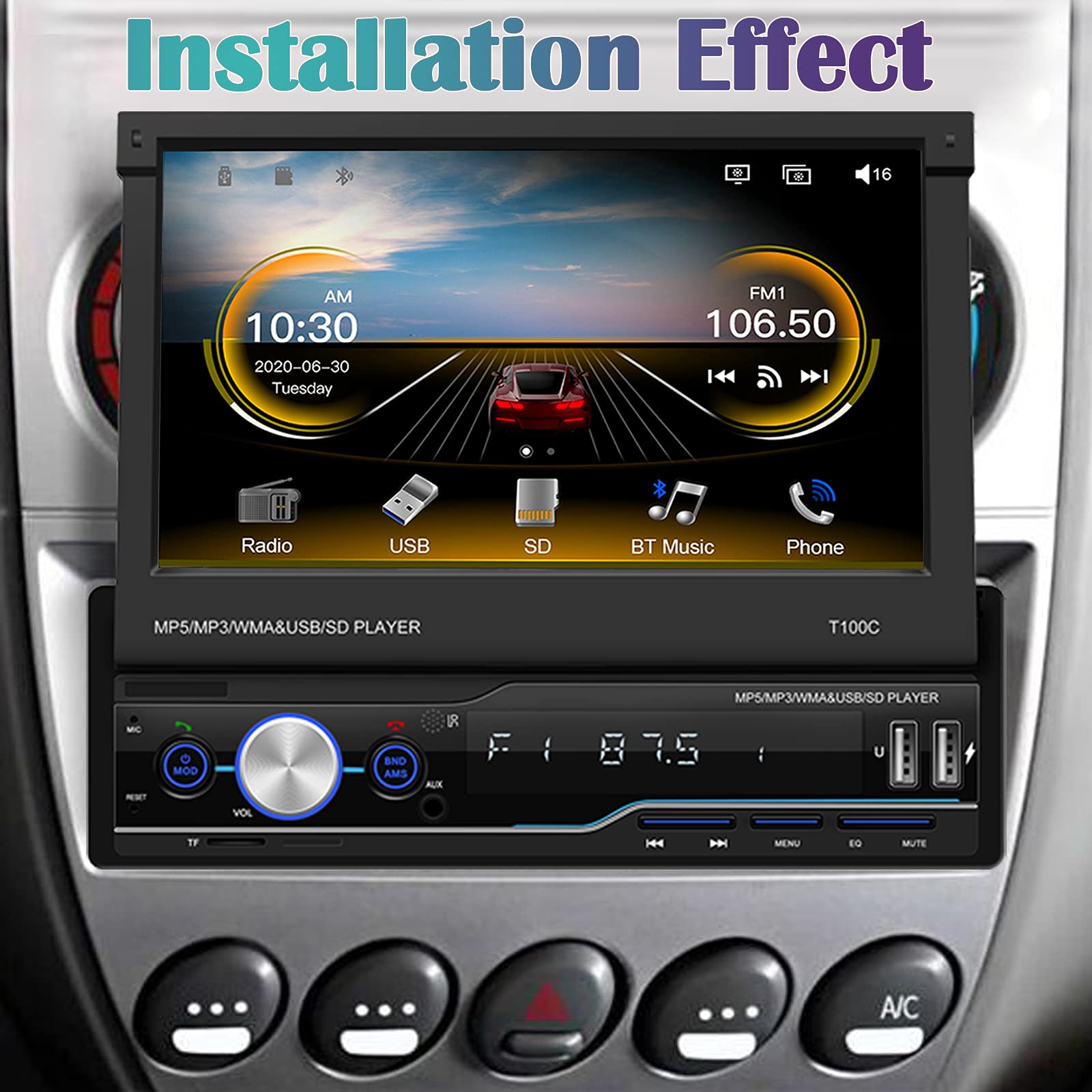 Binize Car Stereo Single Din Apple Carplay Android Auto 7 Inch