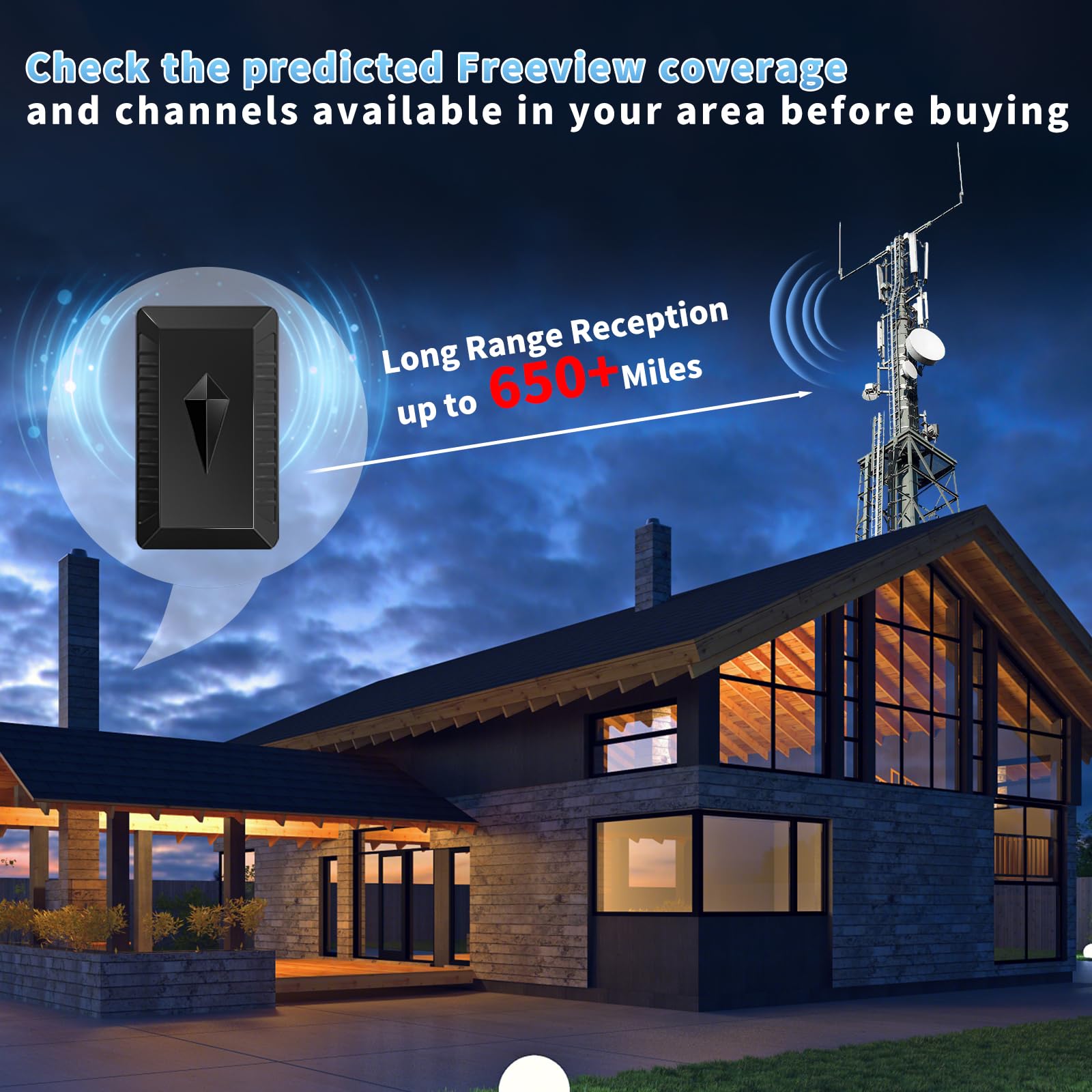 Antenna TV Interna Amplificata Potente e Portatile,650KM+ Antenna Digitale Terrestre da Interno/Esterna Amplificata Potente Supporto 4K 1080p DVB-T/DVB-T2 VHF UHF, Cavo Coassiale 10M
